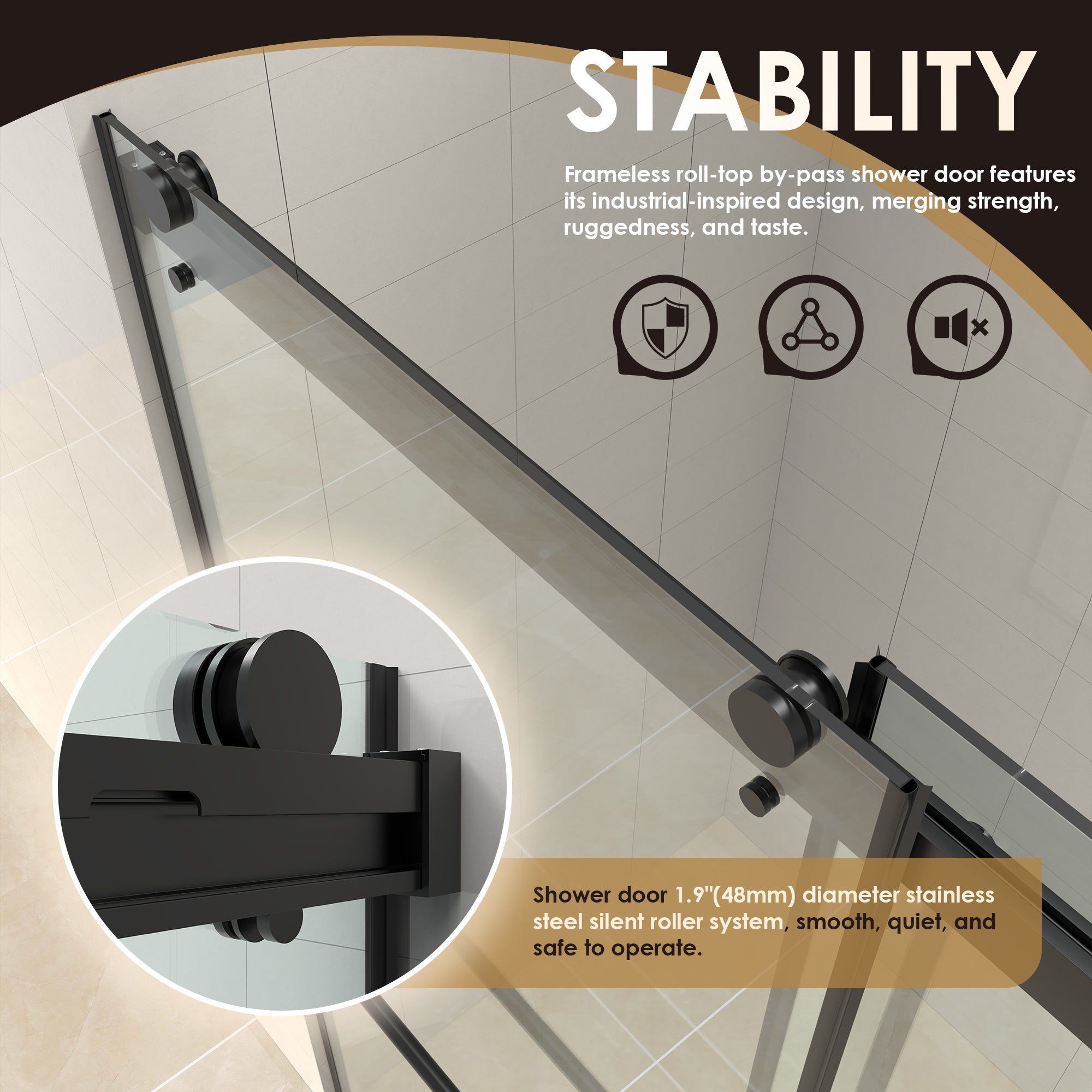 Belizzi Frameless Matte Black Roller Shower Door - Clear Glass Exposed Bypass Enclosure for Modern Bathrooms | Waterproof & Easy to Clean