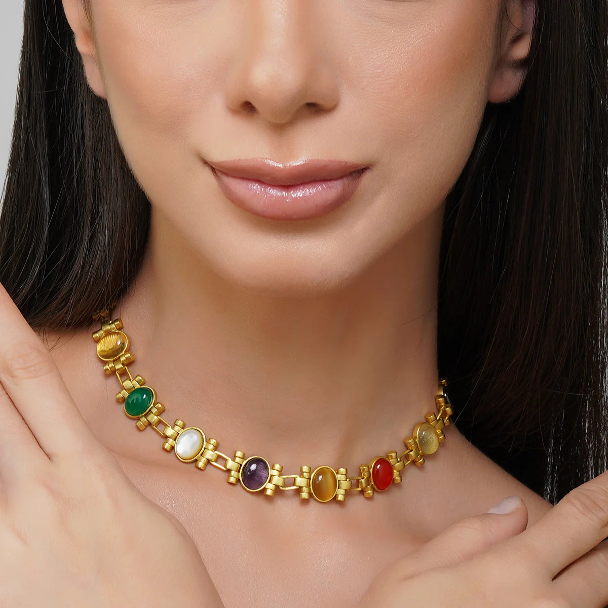 Vibrant Navratna Gemstone Necklace for Women - Elegant Handmade Jewelry for Parties, Weddings & Special Occasions
