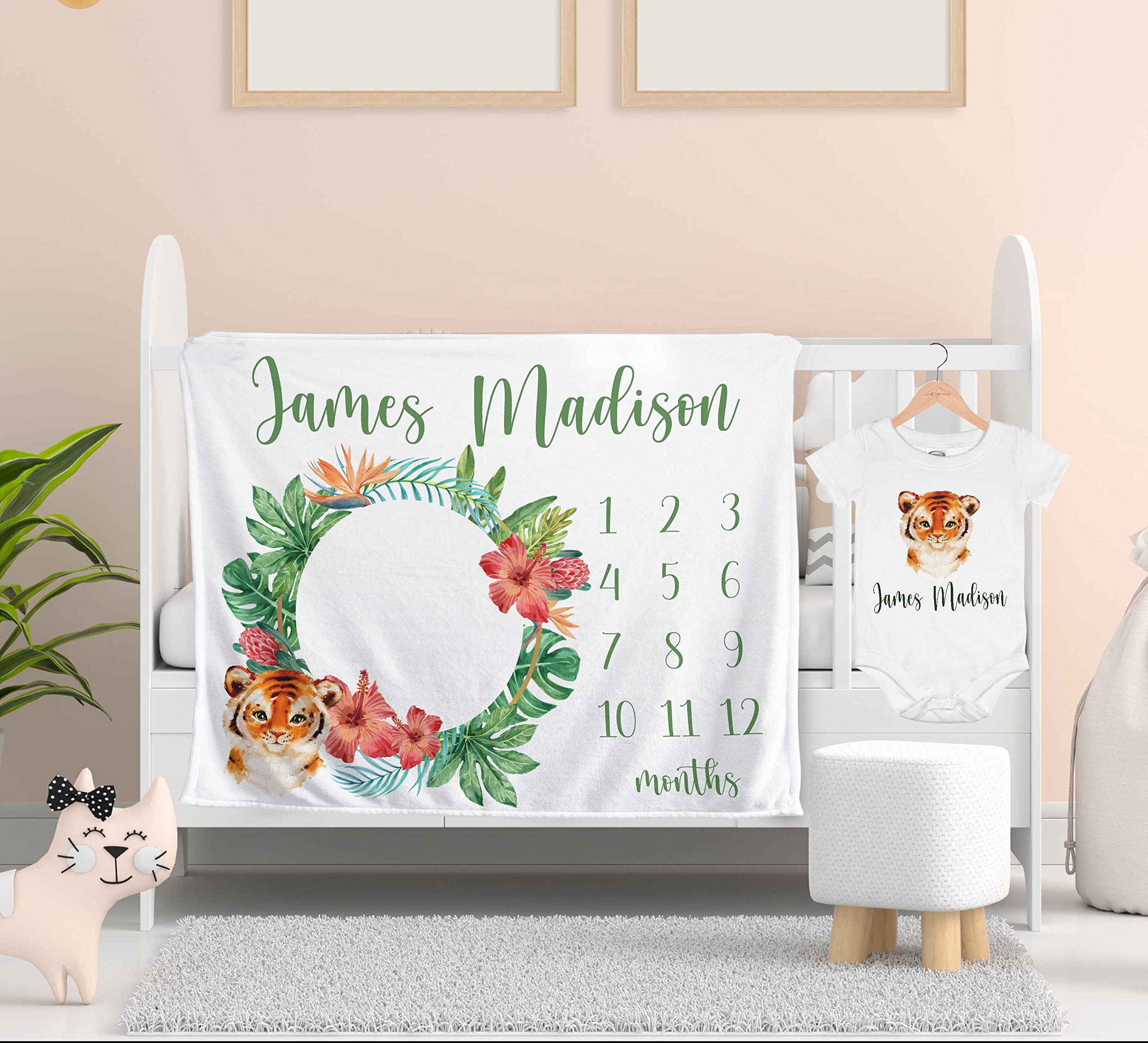 Personalized Baby Milestone Blanket for Boys & Girls - Custom Safari Jungle Animals Monthly Blanket with Name - Unique Baby Shower Gift & Newborn Present - Perfect for Nursery Decor, Photo Props & First Birthday Keepsakes