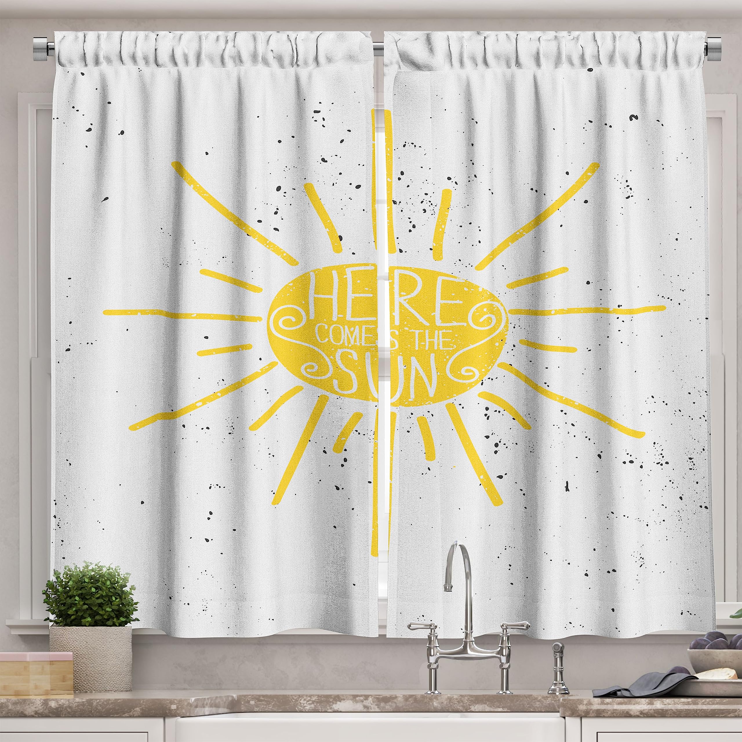 Ambesonne Sun-Themed Long Kitchen Curtains - Hand Drawn Sun Typography on Grunge Background, 2-Panel Rod Pocket Drapes 55