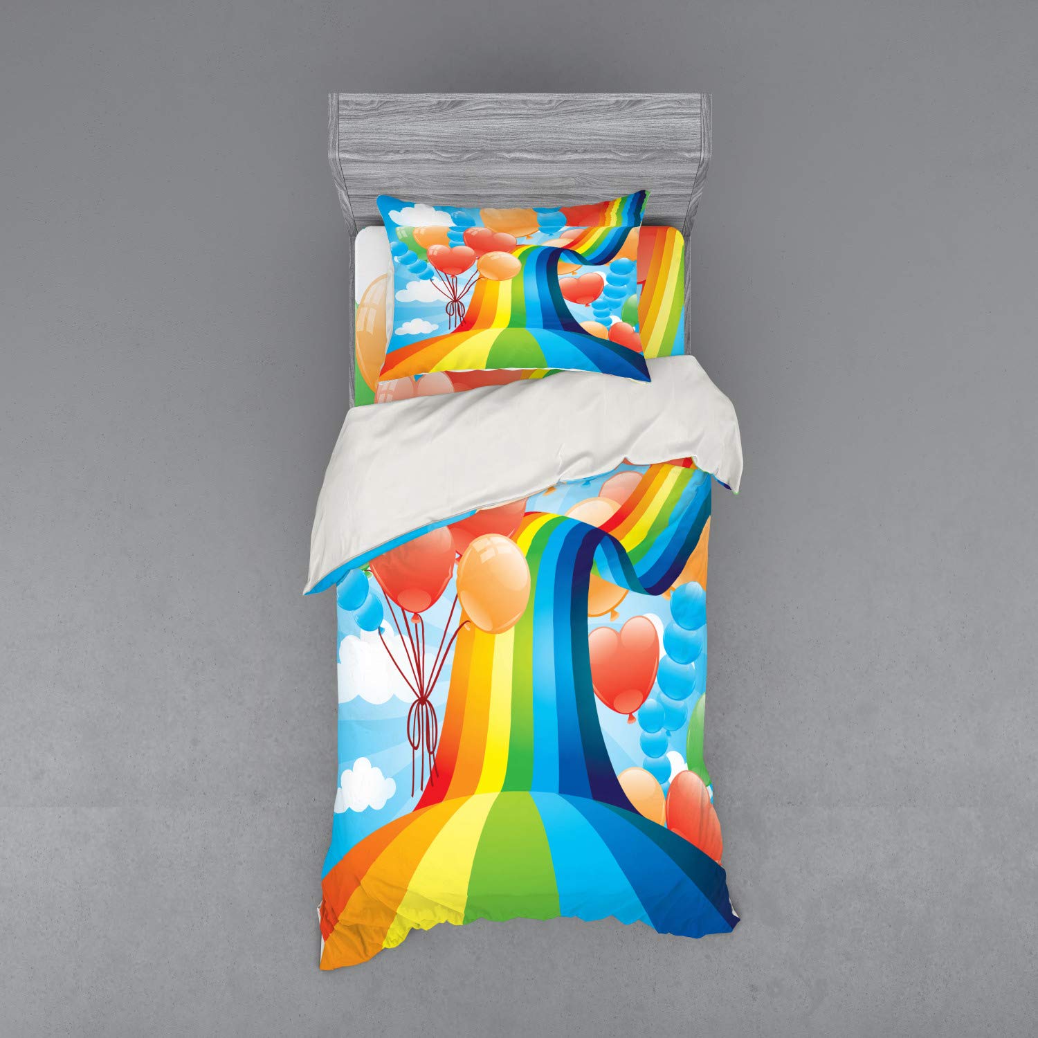 Ambesonne Cartoon Bedding Set - 3 Piece Duvet Cover with Sham & Fitted Sheet, Twin XL Size, Rainbow Sky with Balloons & Hearts Design, Multicolor - Perfect for Valentine's Day, Spring Decor & Romantic Bedroom Themes