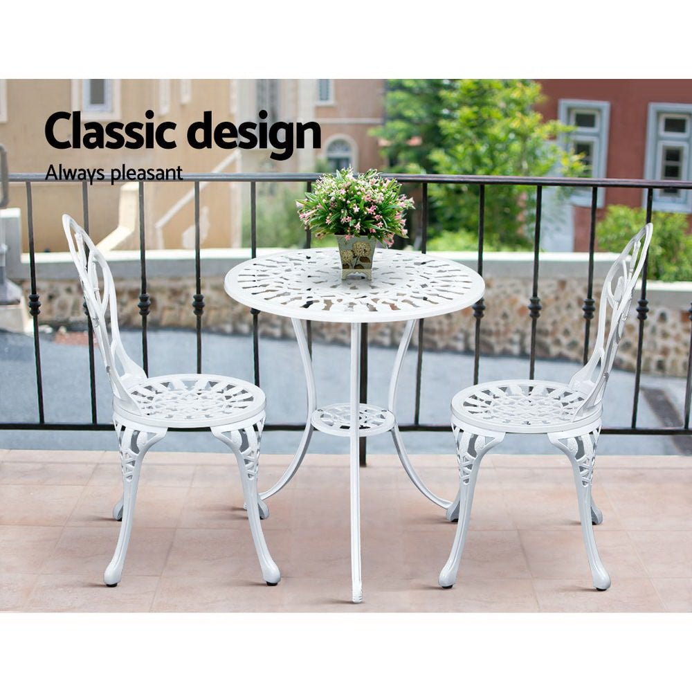 3-Piece Outdoor Bistro Set - White Tulip Cast Aluminum Patio Table and Chairs for Garden, Balcony & Backyard Dining | Weather-Resistant Patio Furniture