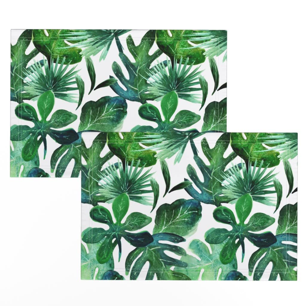 Premium Linen Cotton Canvas Placemats Set of 2 - Tropical Monstera Palm Leaf Botanical Print Table Mats for Dining, Kitchen Decor, Jungle Theme Party & Baby Shower