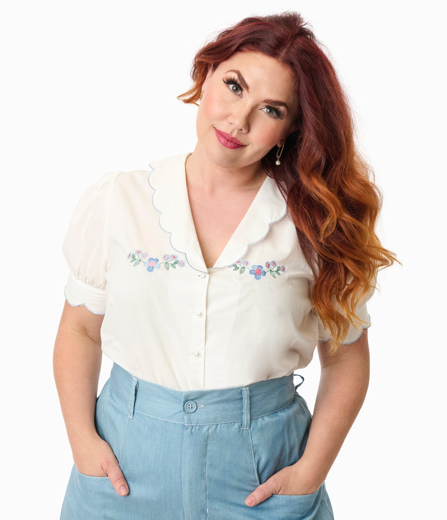 Smak Parlour Plus Size White & Blue Floral Embroidered Puff Sleeve Blouse for Women | Summer Casual Tops | Perfect for Beach Outings, Brunch Dates & Office Wear