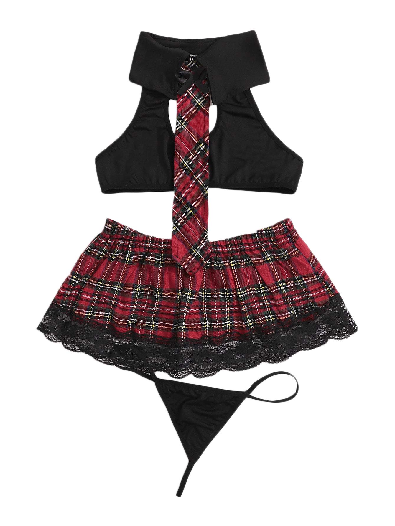 SweatyRocks Women's Sexy Lingerie Set - Lace Cosplay Top & Plaid Mini Skirt Outfit for Halloween, Party, Role Play & Boudoir Photography