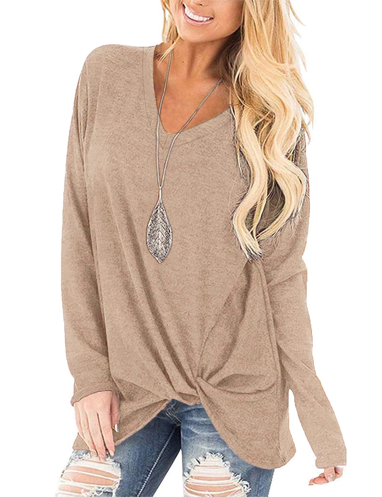 SimpleFun Women's Long Sleeve V-Neck Loose Fit Knotted Tunic Sweater Blouse - Casual Fall Tops for Work, Date Night & Layering Outfits