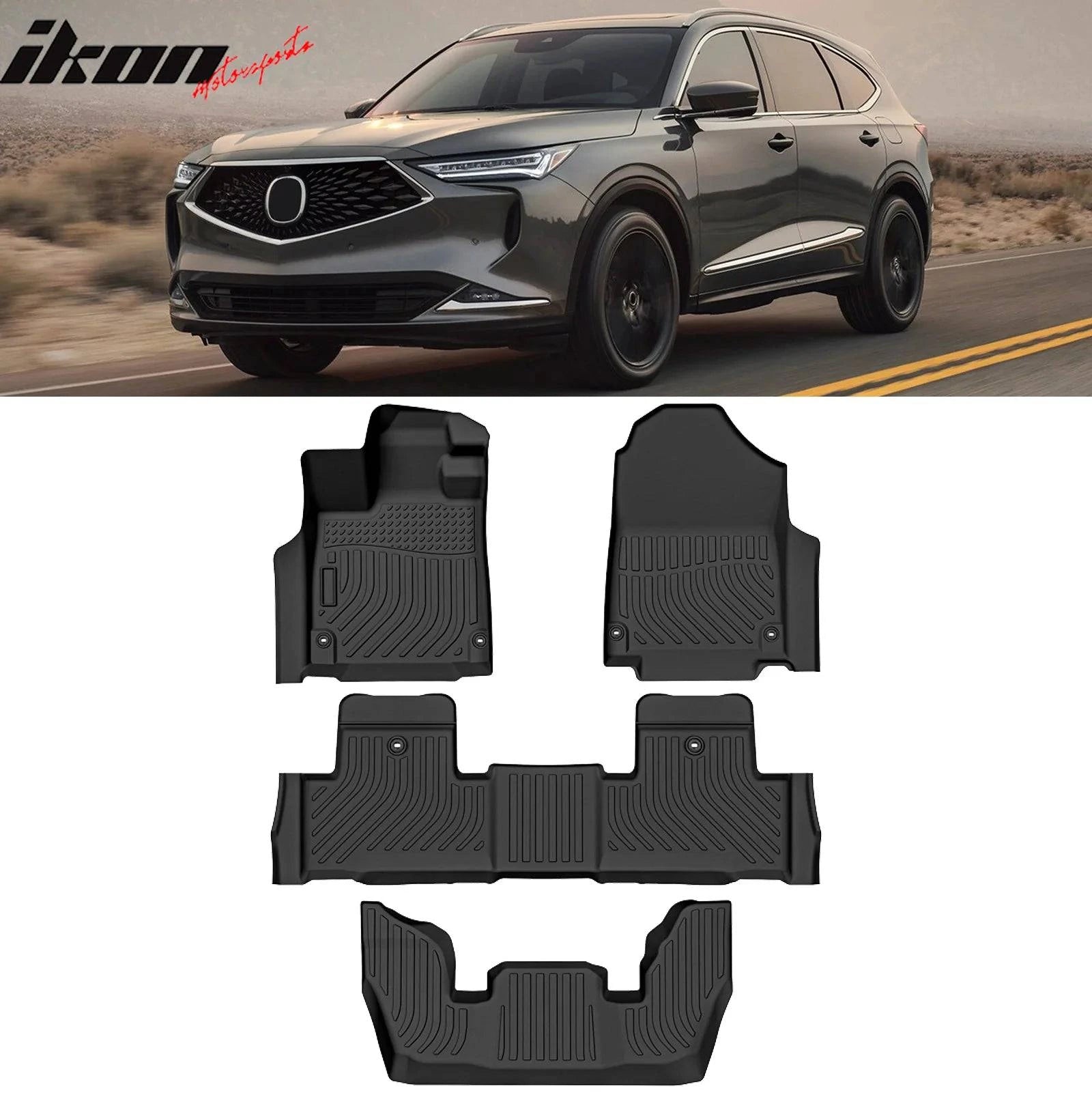 IKON Custom Fit 3D All-Weather Floor Mats for 2022-2024 Acura MDX (4-Piece Set) - TPE Thermoplastic Elastomer Black Car Floor Liners - Front & Rear Protection for 1st, 2nd & 3rd Rows | Perfect for Daily Commutes, Family Road Trips & Extreme Weather Protection