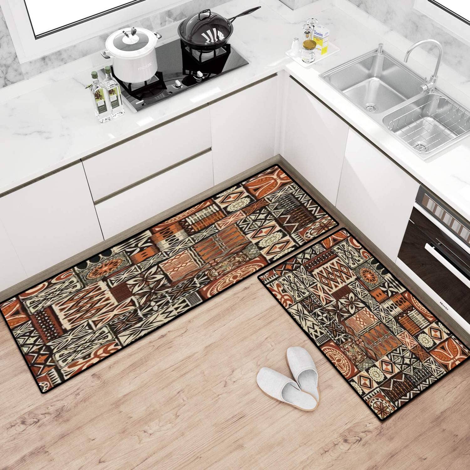 Hawaiian Style Tapa Tribal Fabric Kitchen Rugs Set - Non-Slip Washable Vintage Abstract Patchwork Floor Mat, Runner & Doormat - Perfect for Kitchen, Bathroom & Entryway Decor