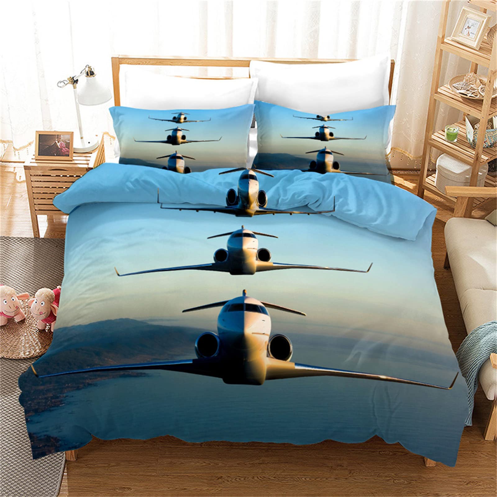 3D Printing Twin Duvet Cover Set - Blue Airplane Pattern Microfiber Bedding with Zipper Closure, Includes 2 Pillowcases (20x26 Inches) | Soft & Breathable for Kids & Adults | Perfect for Bedroom, Dorm Room & Guest Room Decor