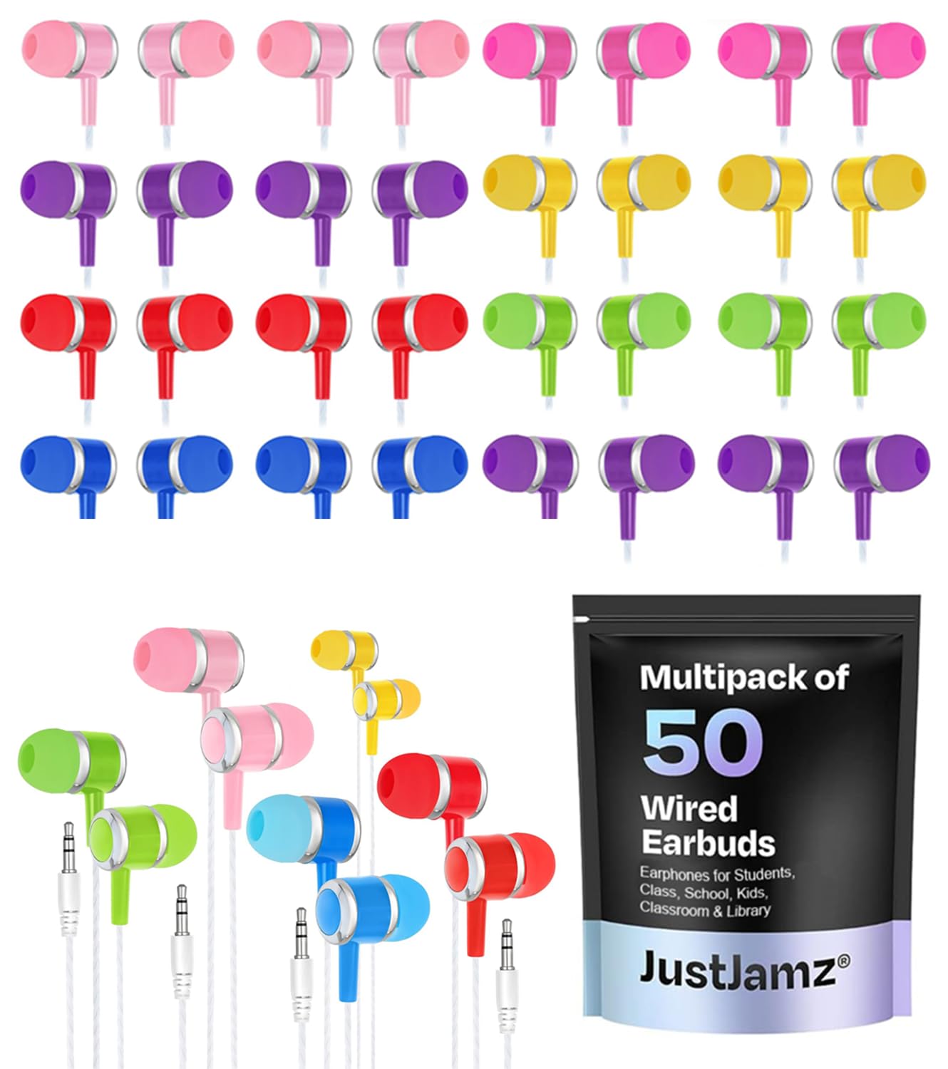 50 Pack Bulk Wired Earbuds with 3.5mm Jack - Colorful Disposable Headphones for Classroom, School & Students - Durable Economy Earphones for Kids - Perfect for Online Learning, Testing Centers & Travel