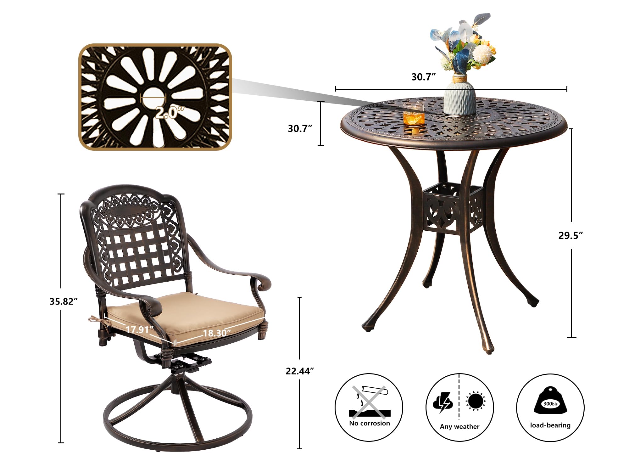 Grepatio 3-Piece Cast Aluminum Patio Dining Set - All-Weather Outdoor Bistro Set with 2 Lattice Weave Chairs & 1 Table with Umbrella Hole - Durable Garden Furniture for Patio, Deck, Backyard, Poolside Dining and Outdoor Entertaining
