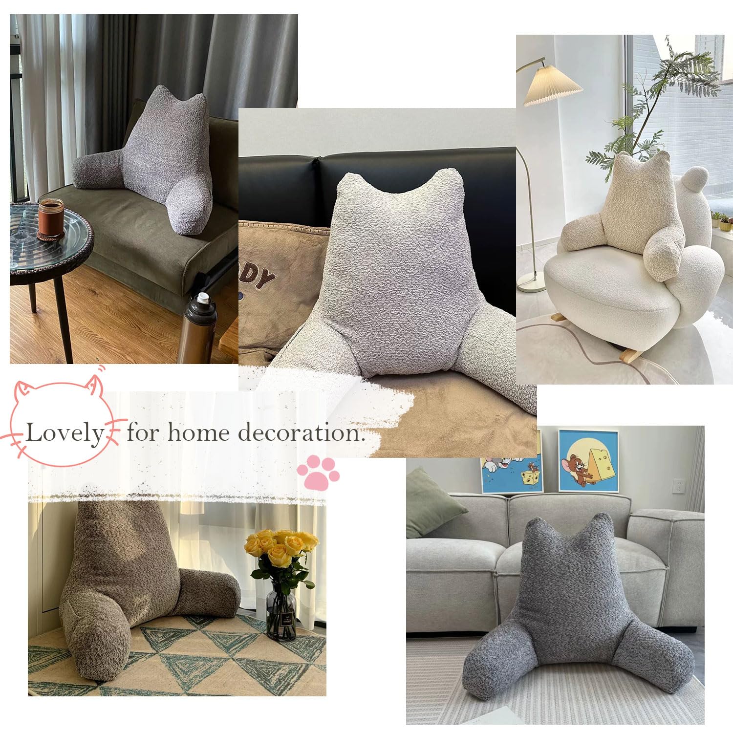 Large Cat Ear Reading Pillow with Arms - Back Support for Bed & Sofa