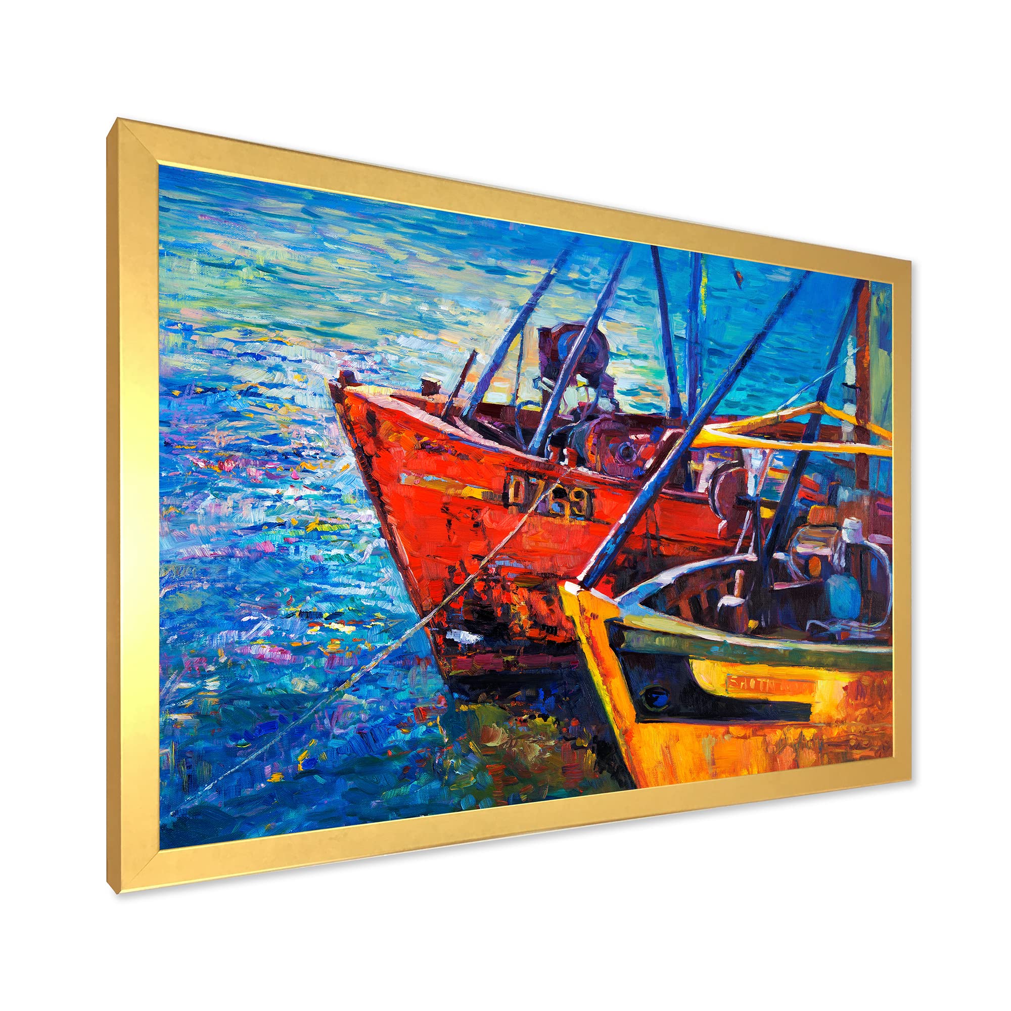 DesignQ Boats on Water at Sunset - Nautical Coastal Framed Wall Art for Living Room, Bedroom & Office Decor