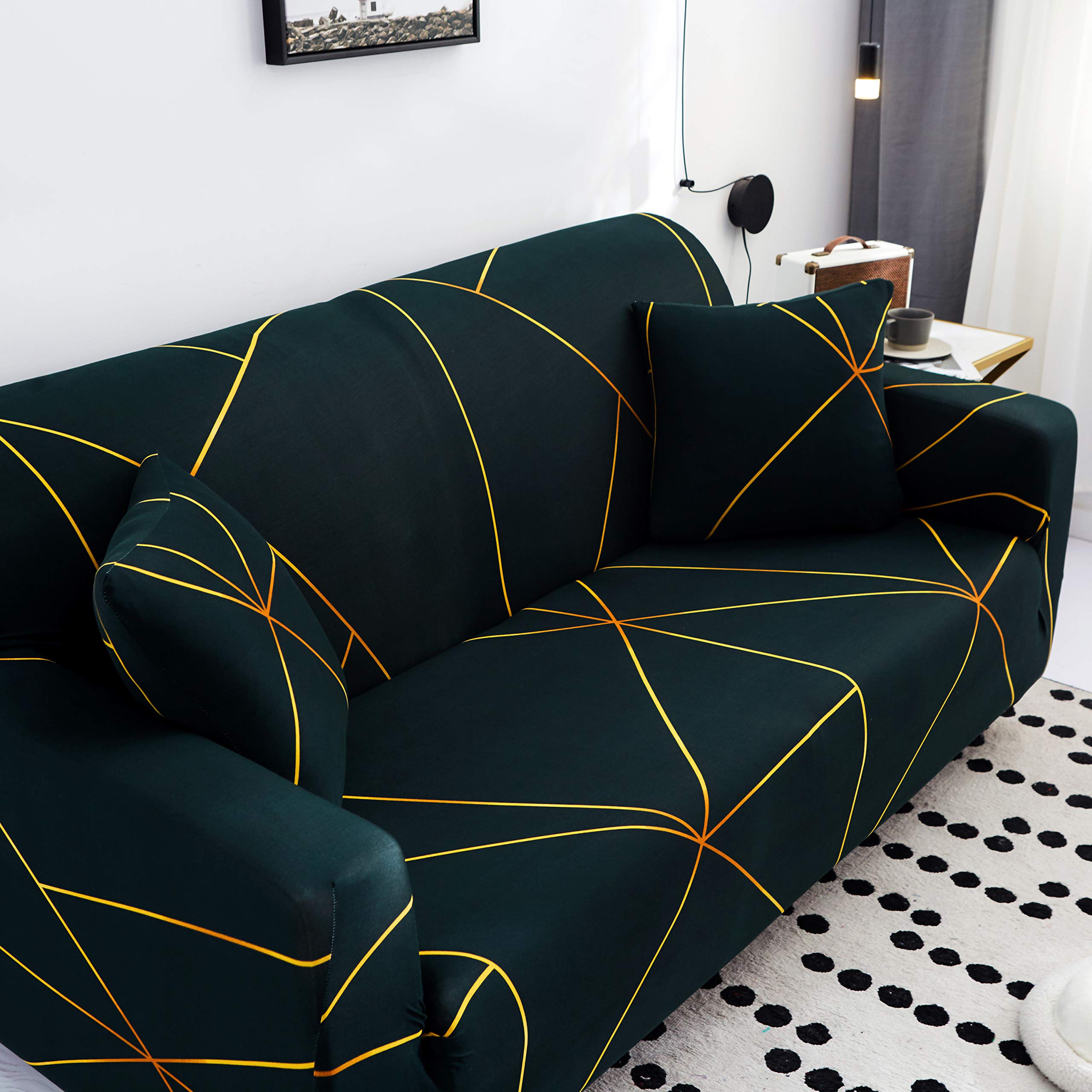 HOOBUY Stretch Sofa Cover for 2 Cushion Couch & Loveseat - Printed Slipcover with 2 Free Pillow Cases (2 Seater/Loveseat) - Perfect for Living Room, Bedroom & Home Decor Protection