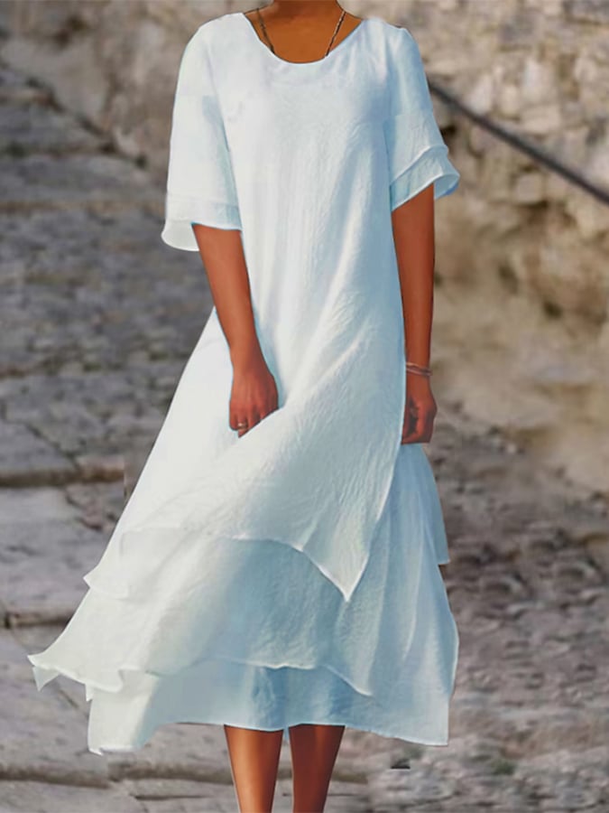Lovevop Women's Cotton Linen Blend Color Block Split Short Sleeve Round Neck Summer Dress - Casual Beach Wear, Vacation Outfit, Boho Chic Style