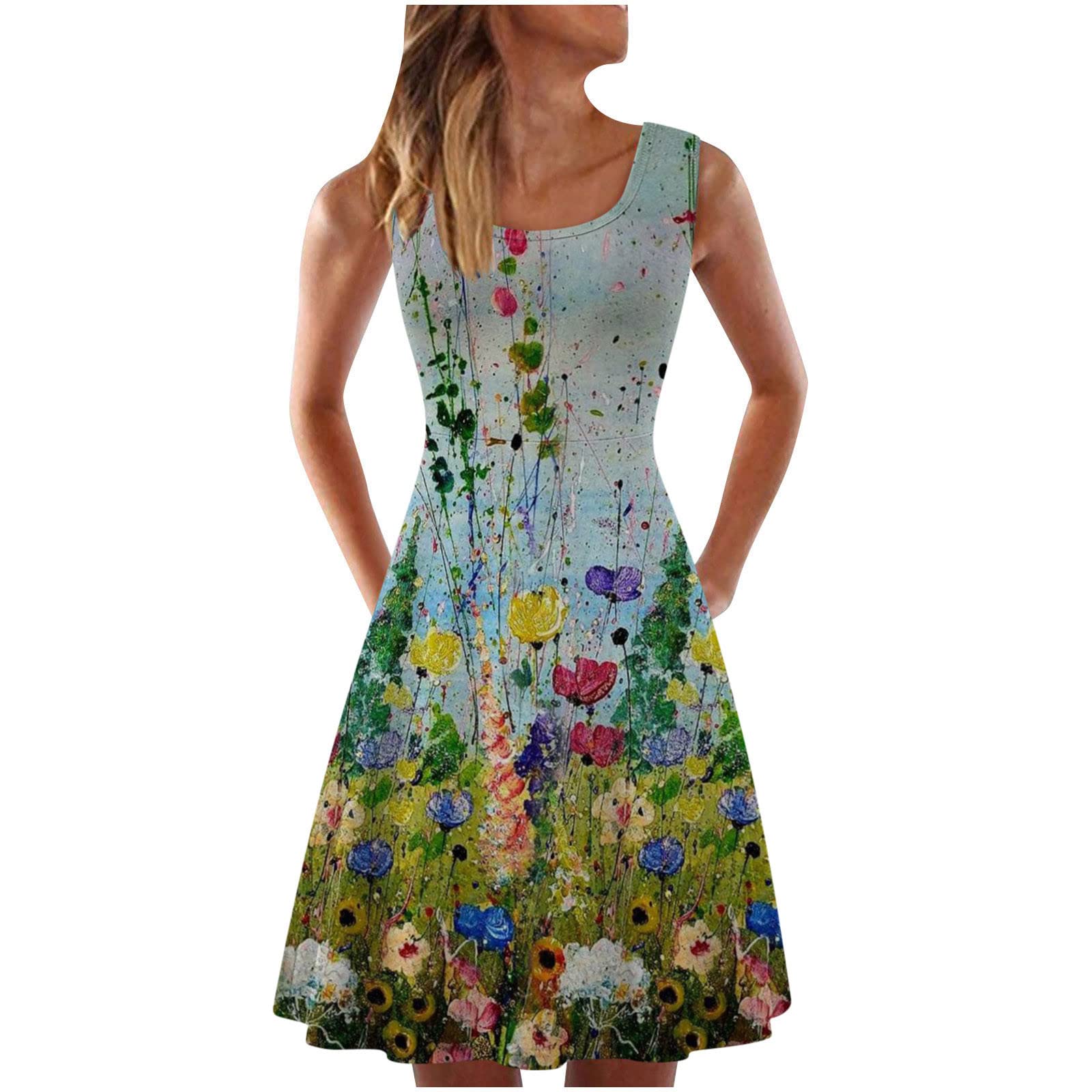 Yoeyez Women's Floral Print Sleeveless Sundress - Summer A-Line Mini Dress with Crew Neck & Waist Slimming Design | Perfect for Beach Vacations, Pool Parties & Casual Outings