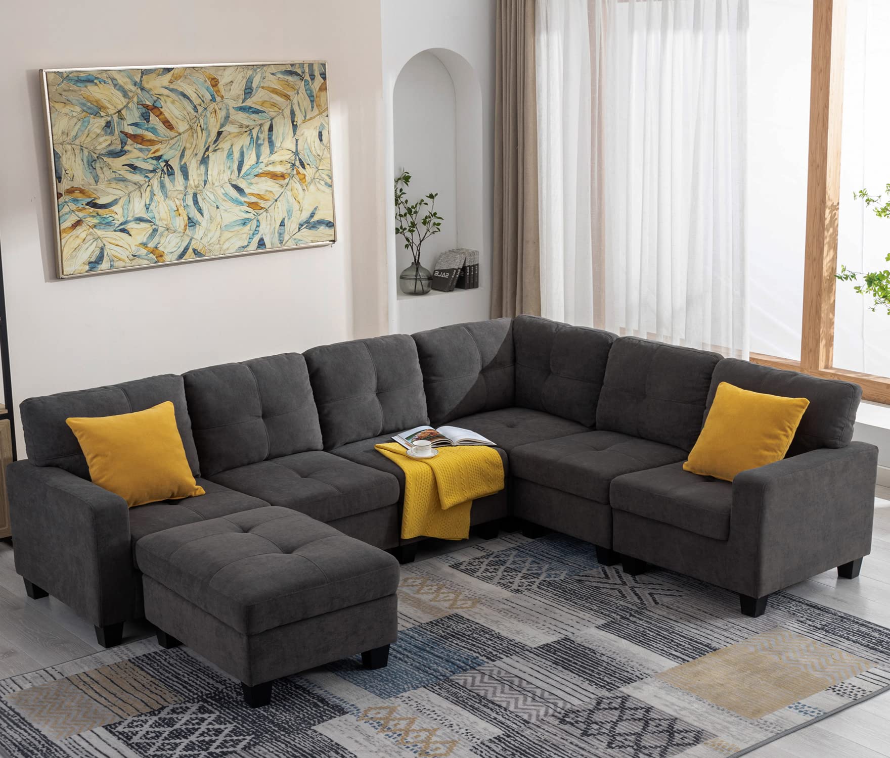 Sunflower Storage Ottoman Foot Stool - Multi-Functional Chaise Lounge Section for Living Room Furniture Sets, Deep Grey - Perfect for Extra Seating & Hidden Storage in Small Spaces