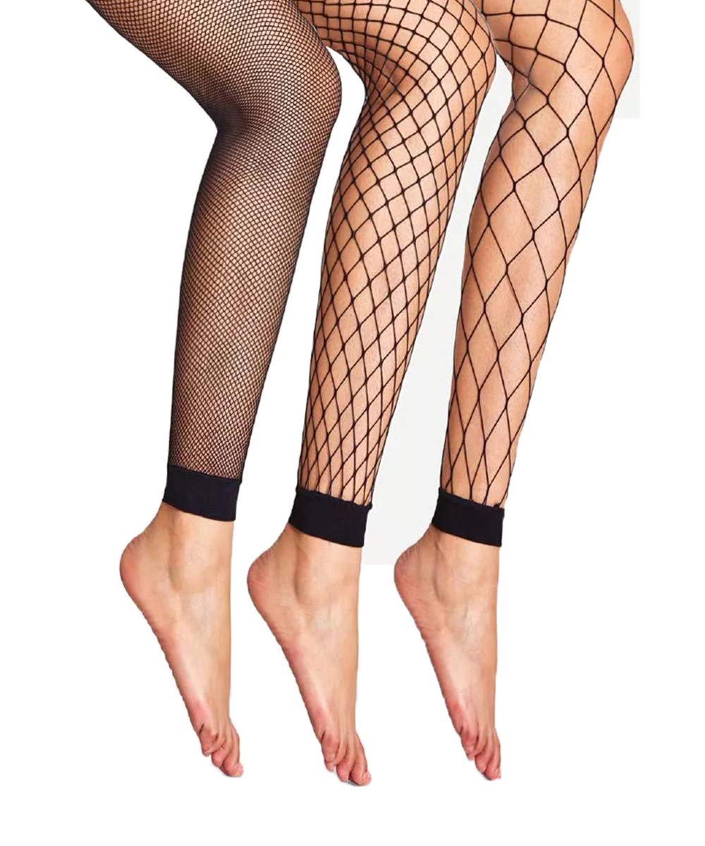 Women's High Waist Fishnet Footless Tights - Stretchy Spandex Pantyhose Stockings (3 Pairs) for Dance, Cosplay & Fashion Outfits