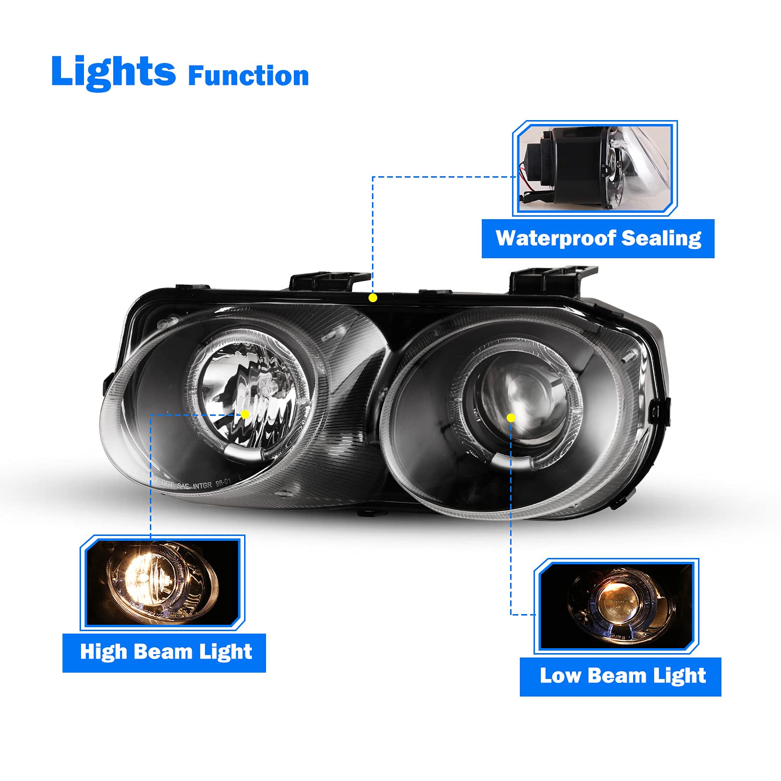 WOLFSTORM Halo Projector Headlight Assembly Replacement for 1994-1997 Acura Integra - Black Housing, LED Angel Eyes, DOT Approved (Perfect for Night Driving & Car Upgrades)