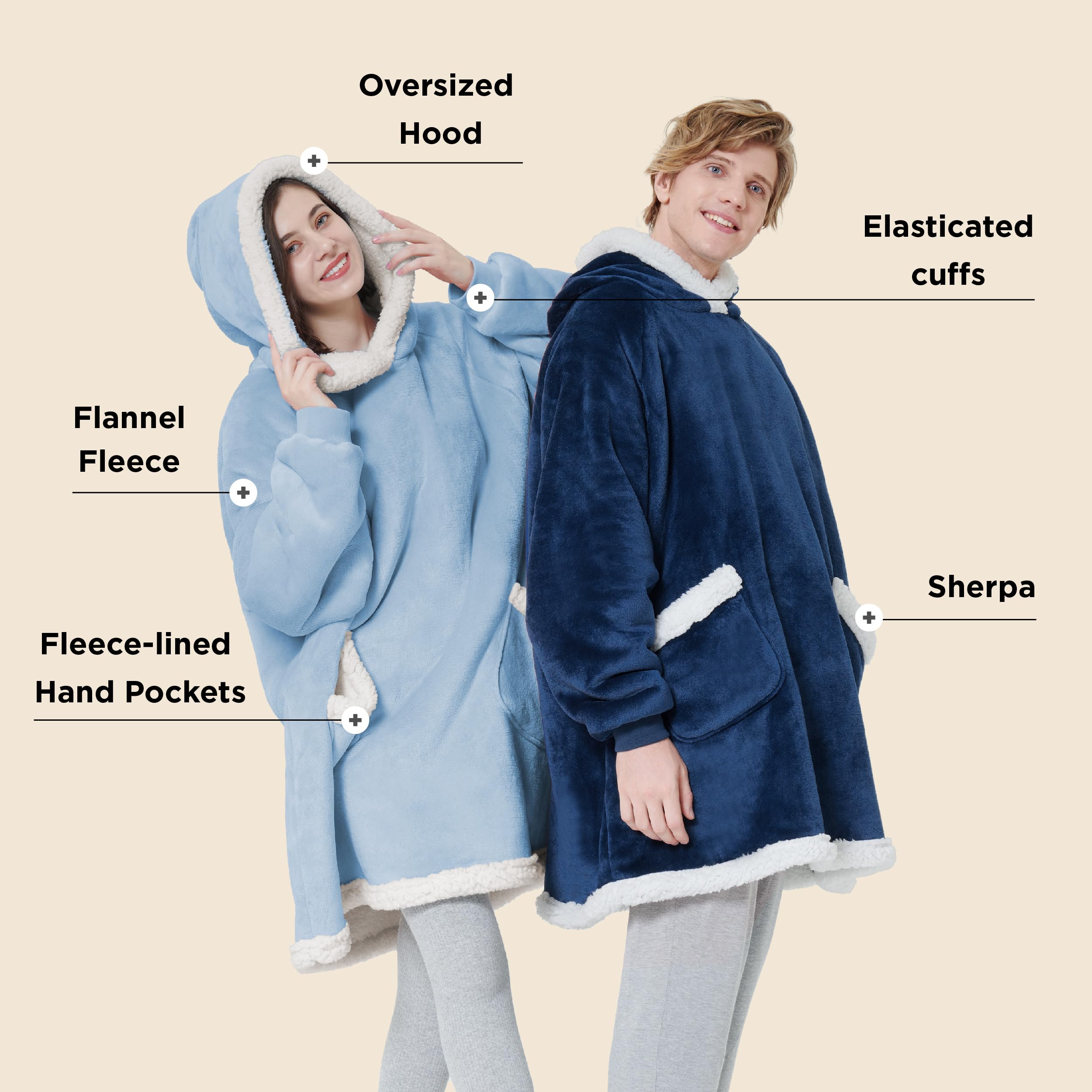 Bedsure Sherpa Wearable Blanket Hoodie - Soft Fleece Blanket Sweatshirt for Women, Men & Kids | Cozy Christmas Gift Idea | Perfect for Lounging, Movie Nights & Cold Weather (Sky Blue)