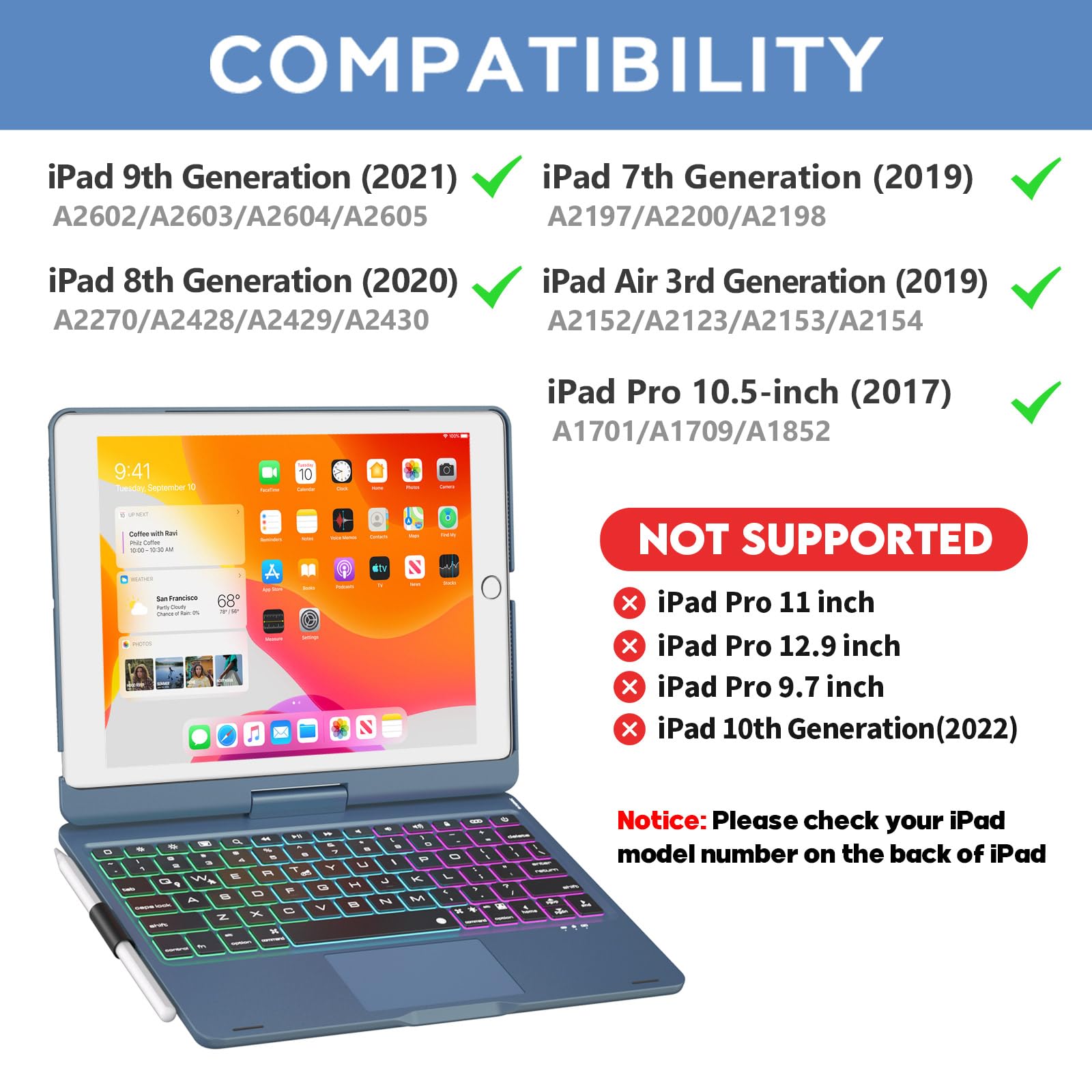 NOKBABO iPad 9th/8th/7th Generation Case with Bluetooth Keyboard, 360° Rotatable Stand, 7-Color Backlit Touchpad & Apple Pencil Holder - Compatible with iPad 10.2