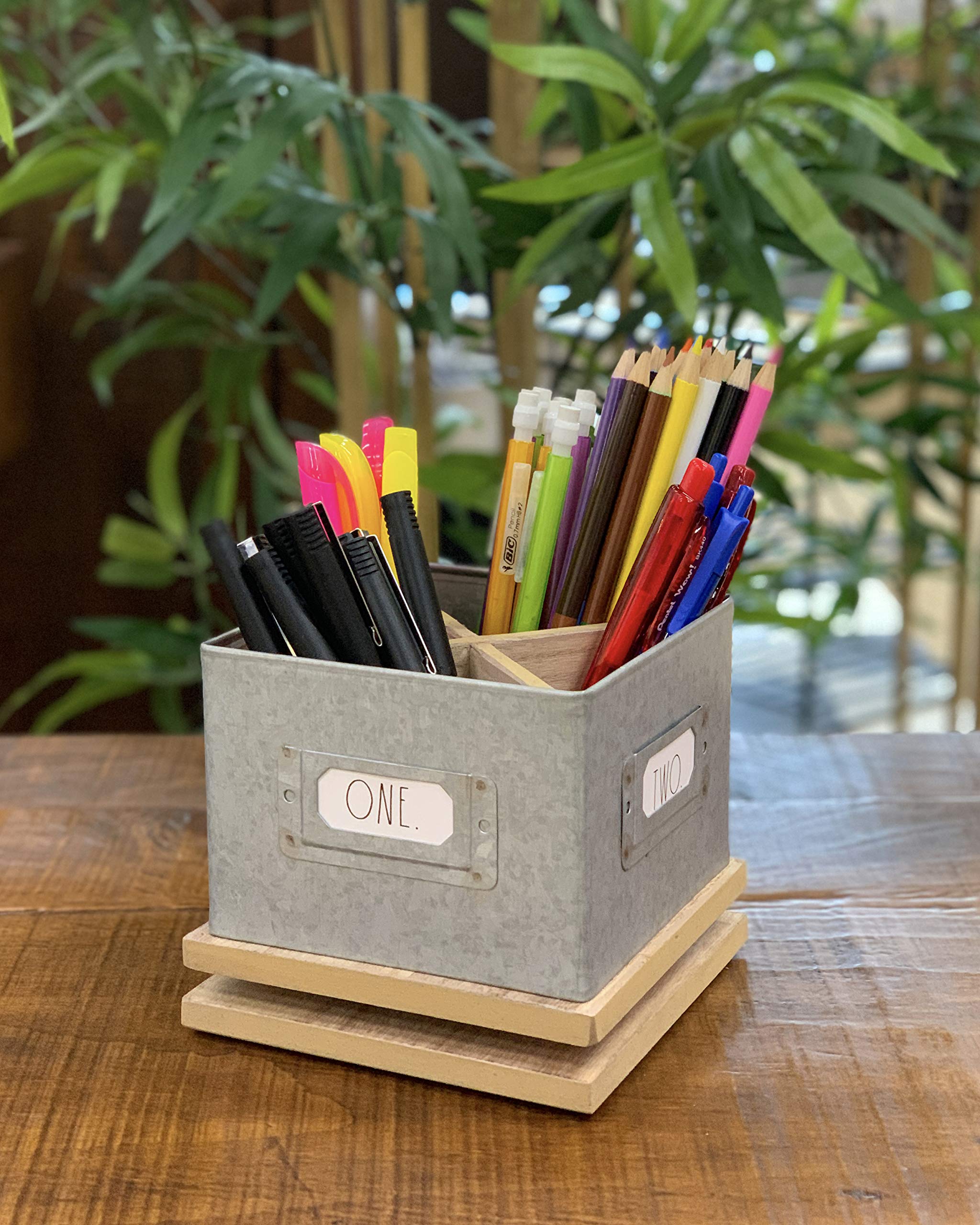 Rae Dunn Spinning Metal Pencil Holder Cup - 4 Compartment Desktop Organizer for Pens, Office Supplies & Accessories - Perfect for Home Office, School, Classroom & Work Desk (Square Design) - Great for Organizing Writing Tools, Stationery & Desk Essentials