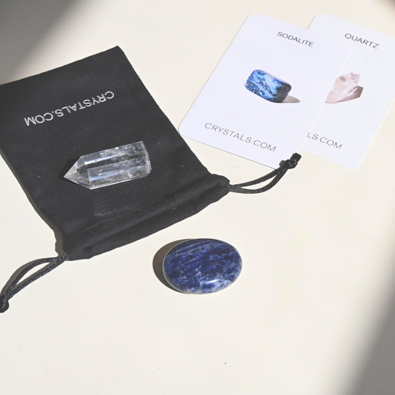 Intuition Pouch with Sodalite & Quartz Crystals - Spiritual Healing, Meditation & Energy Balancing Stone Set for Yoga, Reiki & Mindfulness Practice