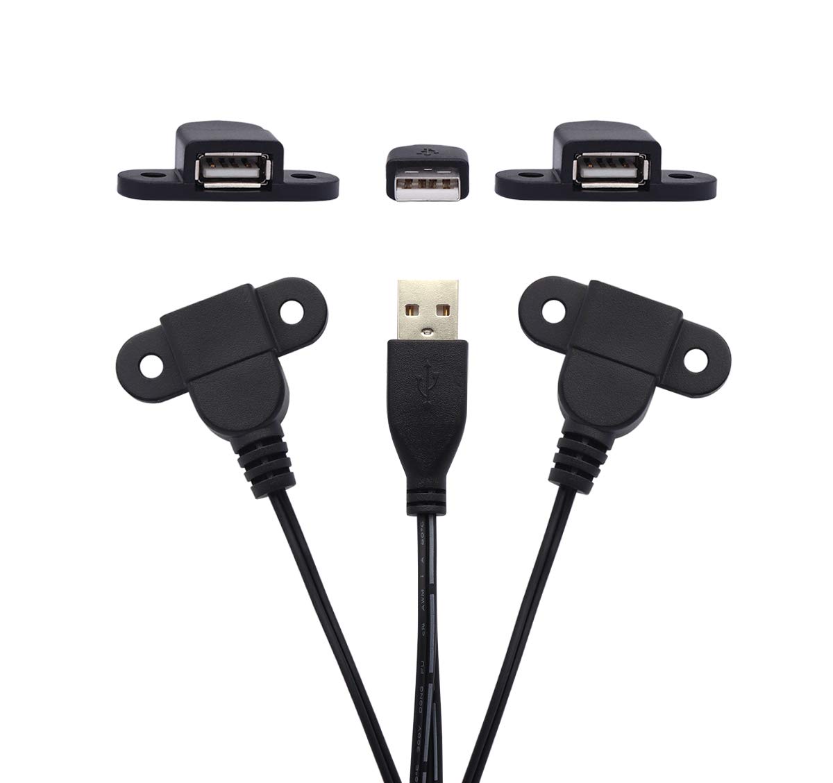 QiCheng&LYS 5ft USB 2.0 Male to Dual Female Extension Charger Cable - 2 Pack with Screw Hole for Panel Mount | Perfect for Nightstand, Sofa, Car Charging & Furniture Power Ports