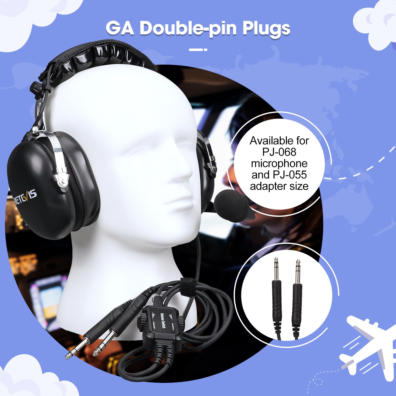 Retevis EHG001 Aviation Pilot Headset with Noise Reduction, Adjustable Headband & Gel Ear Seals - Mono/Stereo 3.5mm Jack - Includes Carrying Bag - Perfect for Student Pilots, Flight Training & Backseat Passengers (1 Pack) - Ideal for Flight Schools, Private Planes & General Aviation Use