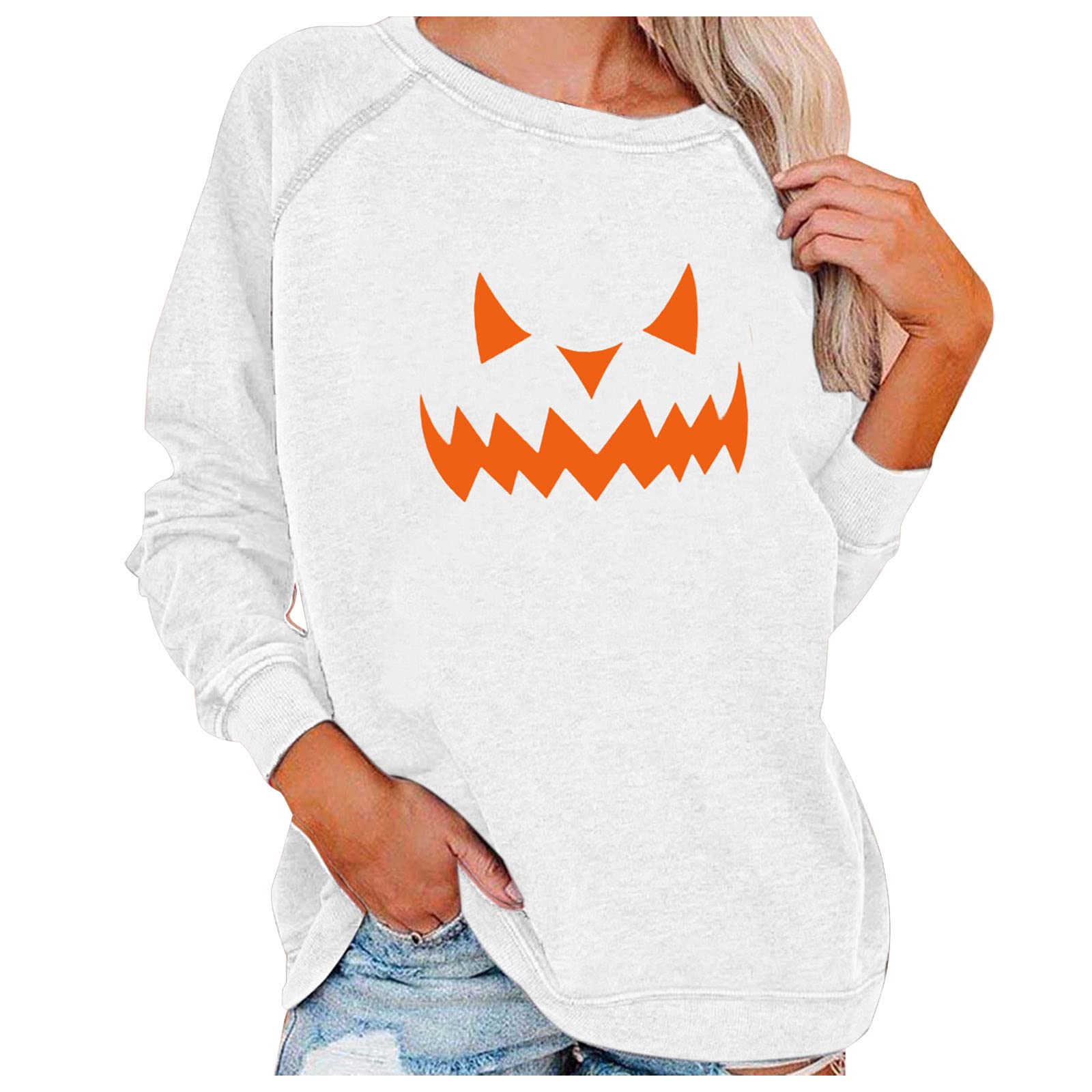 Women's Halloween Pumpkin Print Long Sleeve Sweatshirt - Lightweight Casual Pullover Top for Fall, Pumpkin Patch Visits & Cozy Autumn Outfits