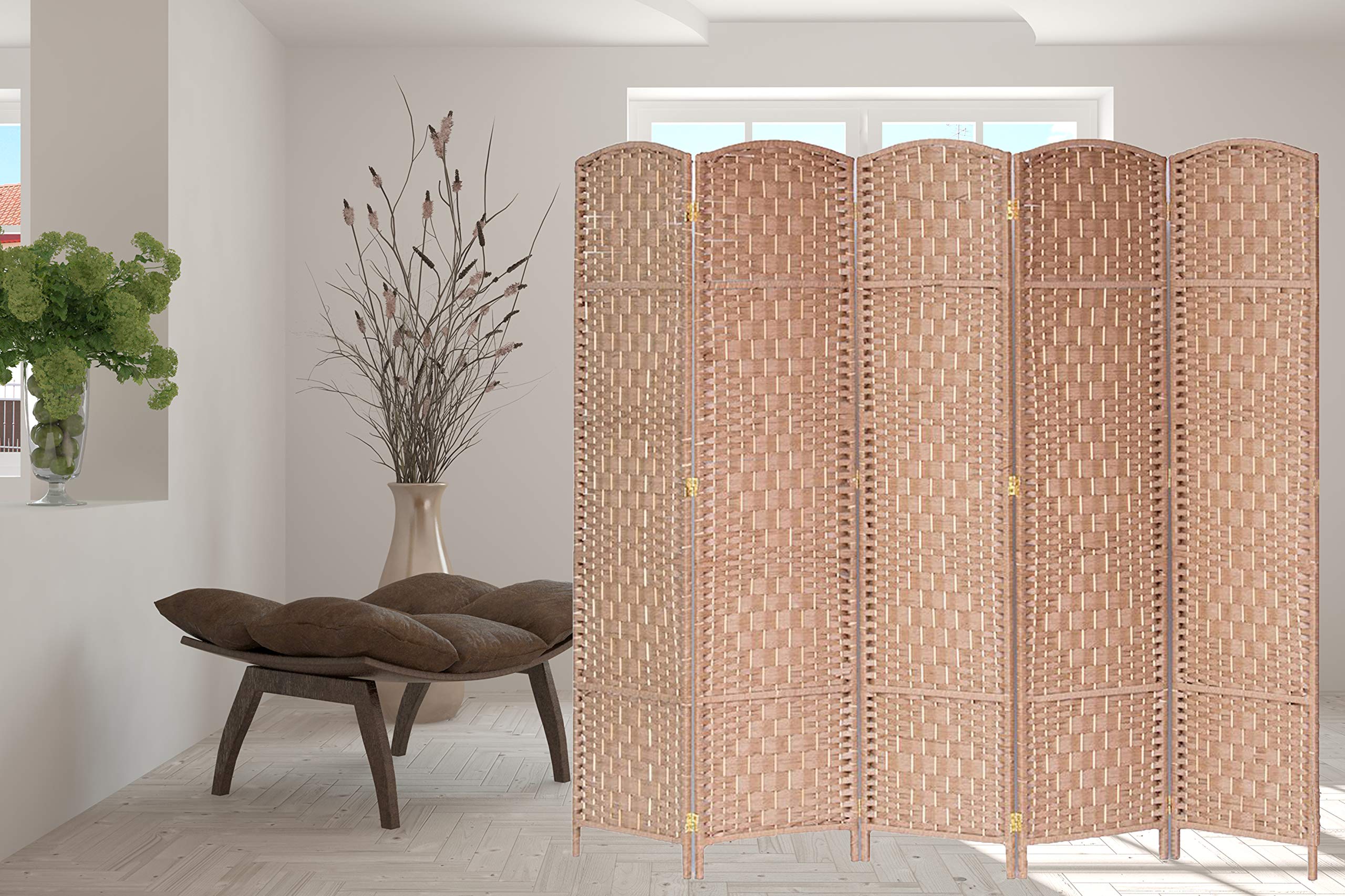 Legacy Decor 5-Panel Bamboo Room Divider Screen - Natural Weaved Fiber Privacy Partition - 5.9ft Tall x 7.3ft Wide - Perfect for Home, Office & Event Spaces