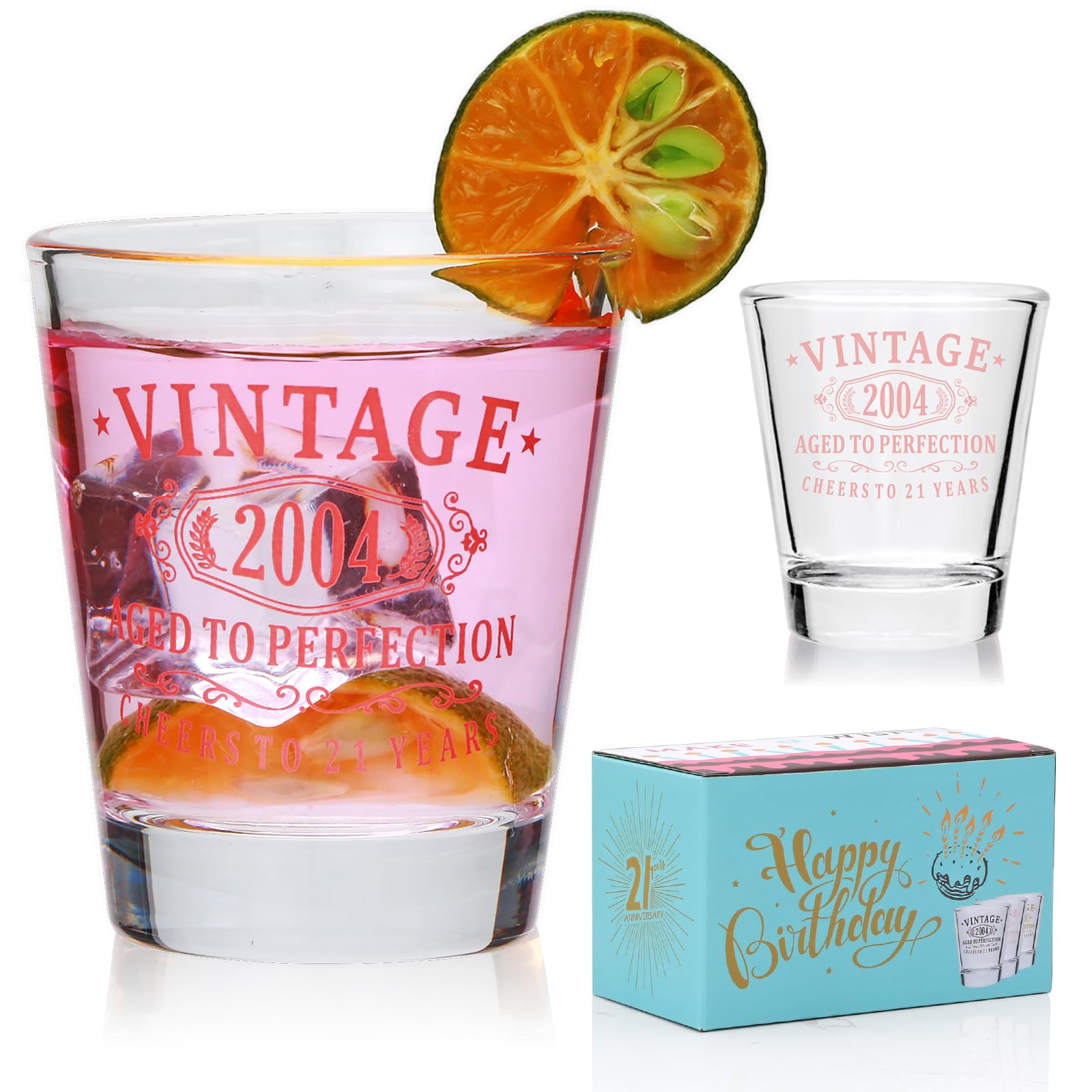 Vintage 2004 Pink Printed 1.6oz Shot Glasses with Heavy Base - 21st Birthday Party Decorations & Gifts for Women & Men (2 Pack) - Perfect for 21st Birthday Celebrations, Themed Parties, and Fun Drinking Games