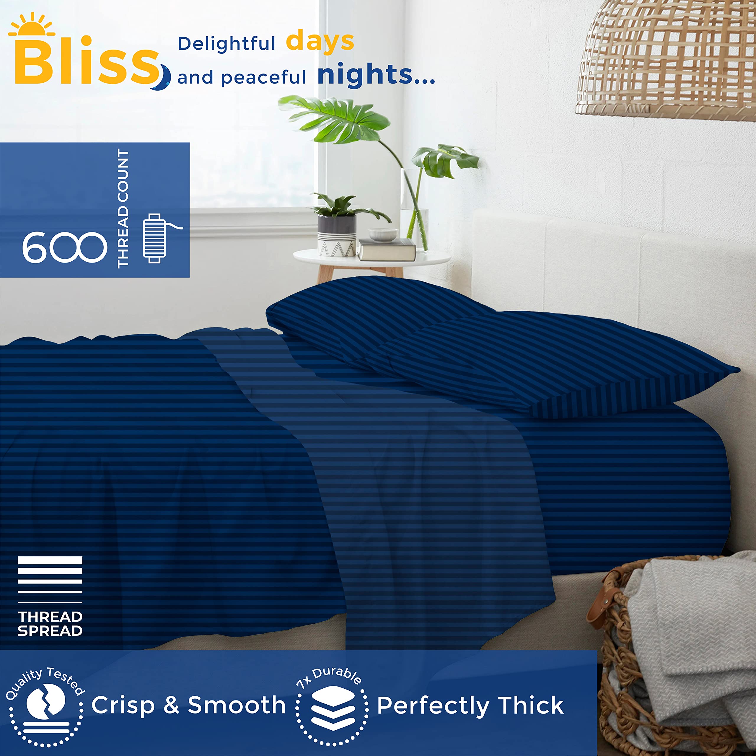 Luxury 600 Thread Count Egyptian Cotton California King Sheet Set - 4 PC Extra Long Staple Cooling Stripe Sheets, 16