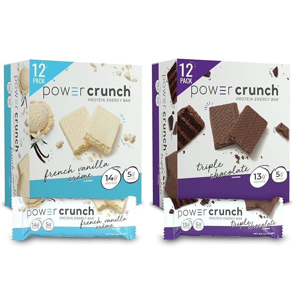 Power Crunch Protein Wafer Bars - French Vanilla & Triple Chocolate Flavors - High Protein Low Carb Snacks for Weight Loss & Muscle Building - 1.4oz (12 Count) - Perfect for Gym, Hiking & On-the-Go Nutrition