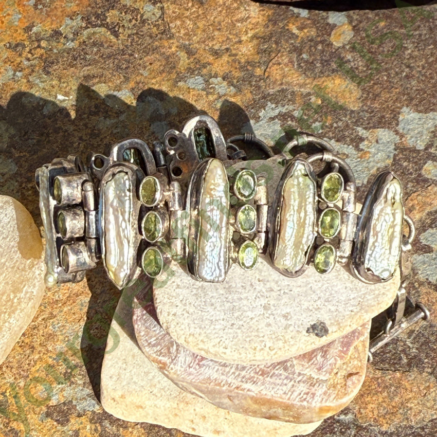Elegant Sterling Silver Freshwater Pearl & Peridot Wide Panel Bracelet for Women | Dainty Jewelry Gift for Birthday, Anniversary & Special Occasions