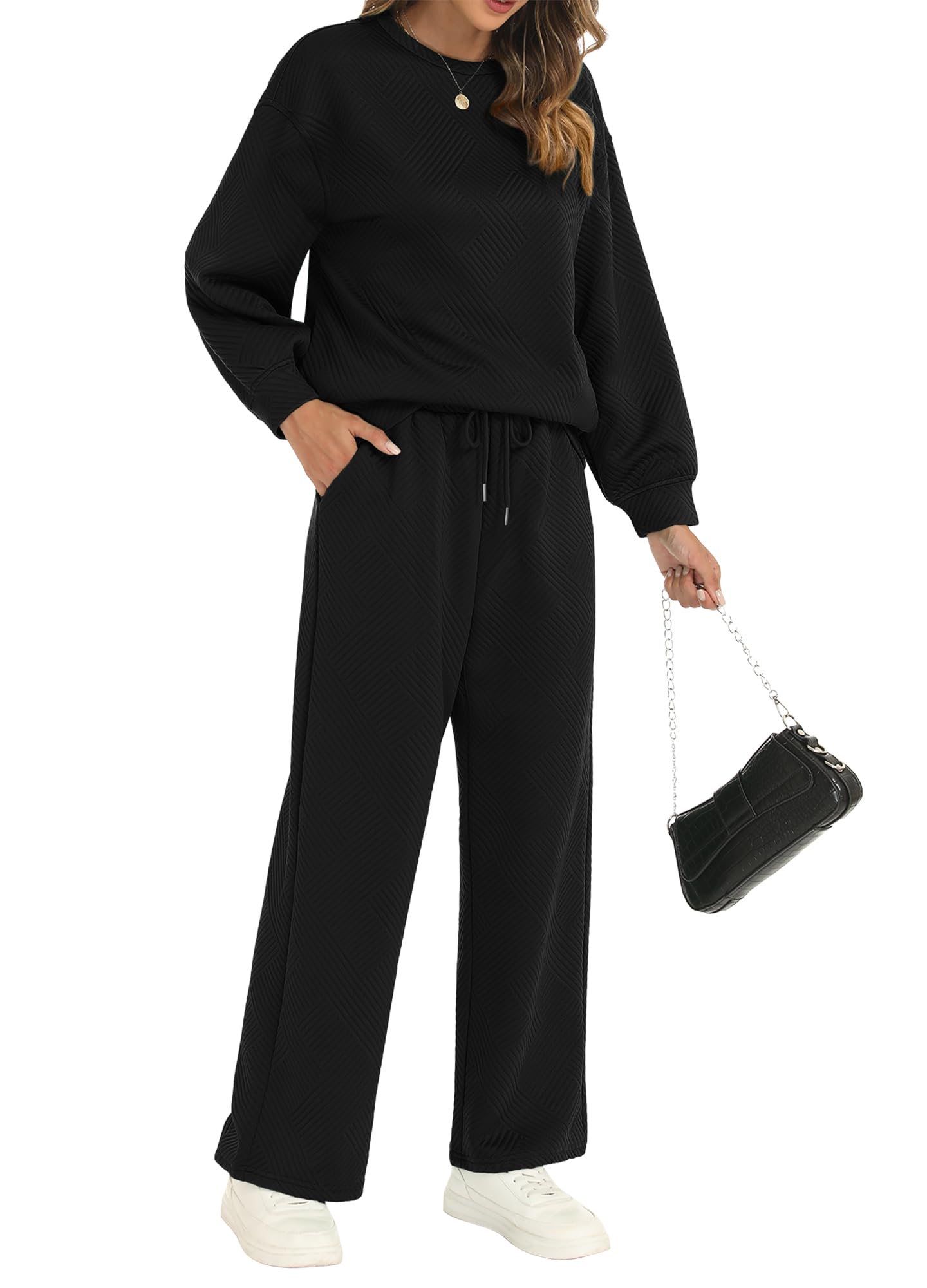 Women's 2-Piece Fall Outfit Set - Long Sleeve Pullover Top & Drawstring Wide Leg Pants Soft Lounge Wear for Casual Comfort | Perfect for Home, Travel & Relaxation