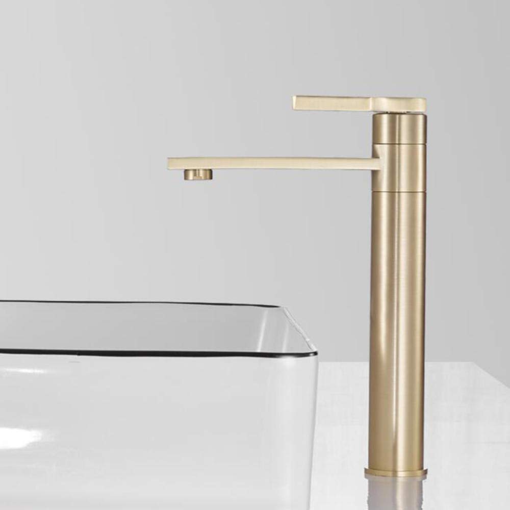 DEKIKA Single Hole Brushed Gold Brass Lavatory Faucet - High Spout, Swivel, Hot and Cold Water - Perfect for Bathroom Sink, Vanity, and Powder Room