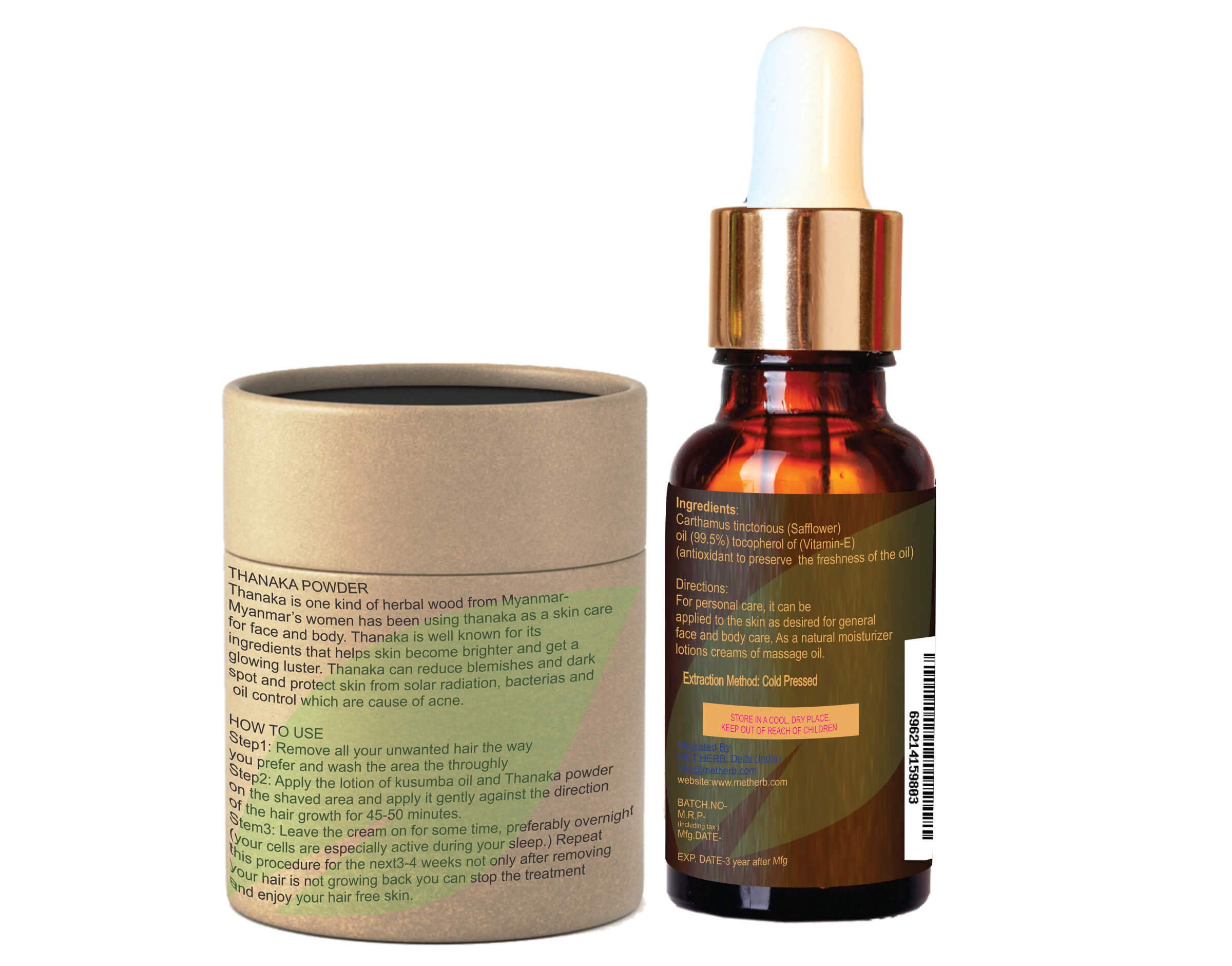 Natural Thanaka Powder & Kusumba Oil Set for Permanent Hair Removal, Anti-Acne, Anti-Aging & Skin Whitening - Exfoliating Scrub, Sun Protection & Face Mask (15g+30ml) - Perfect for Daily Skincare Routine & Spa Treatments