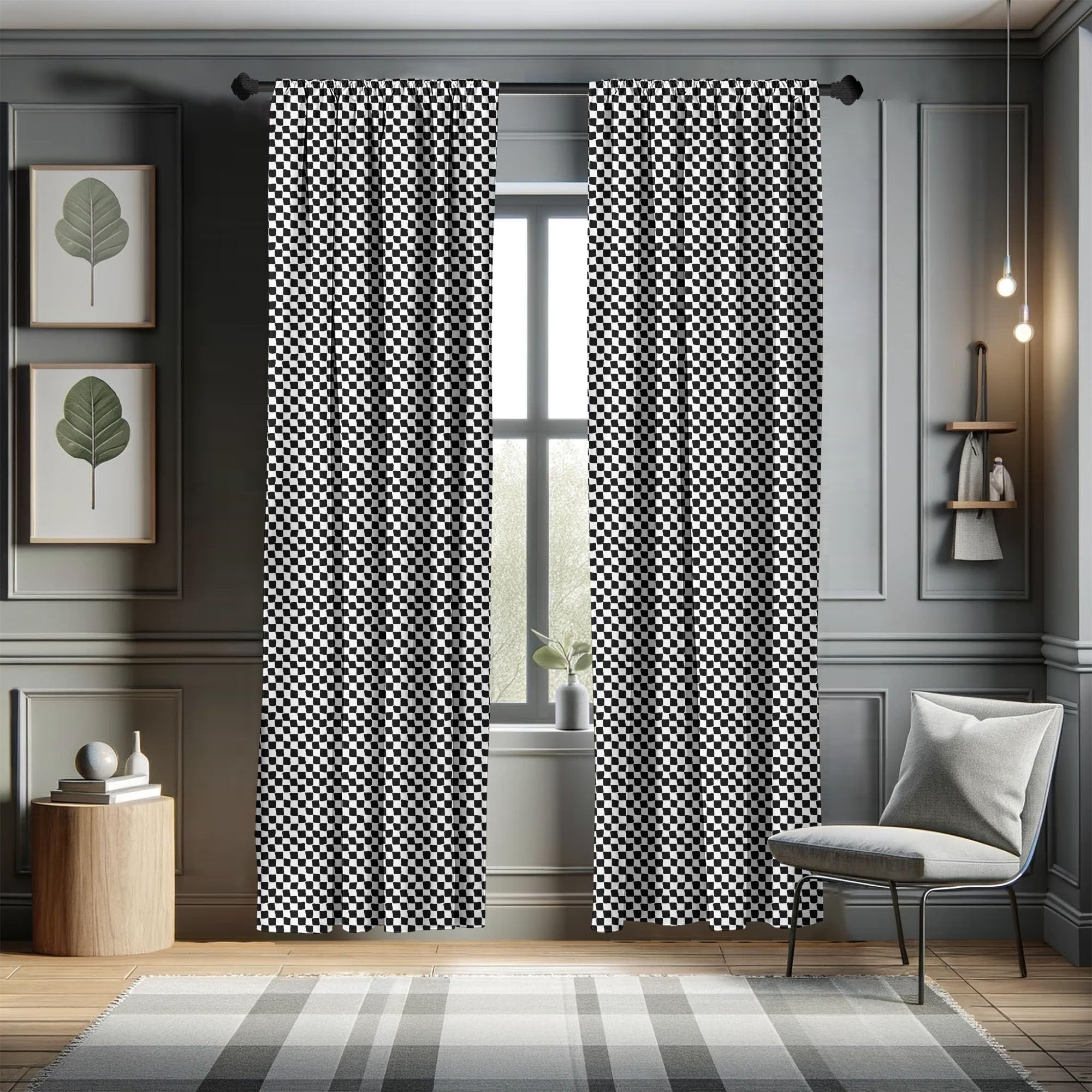 Ambesonne Mudcloth Curtains - Modern Geometric Checkered Abstract Square Pattern Window Drapes, 2 Panel Set for Living Room & Bedroom Decor, 56