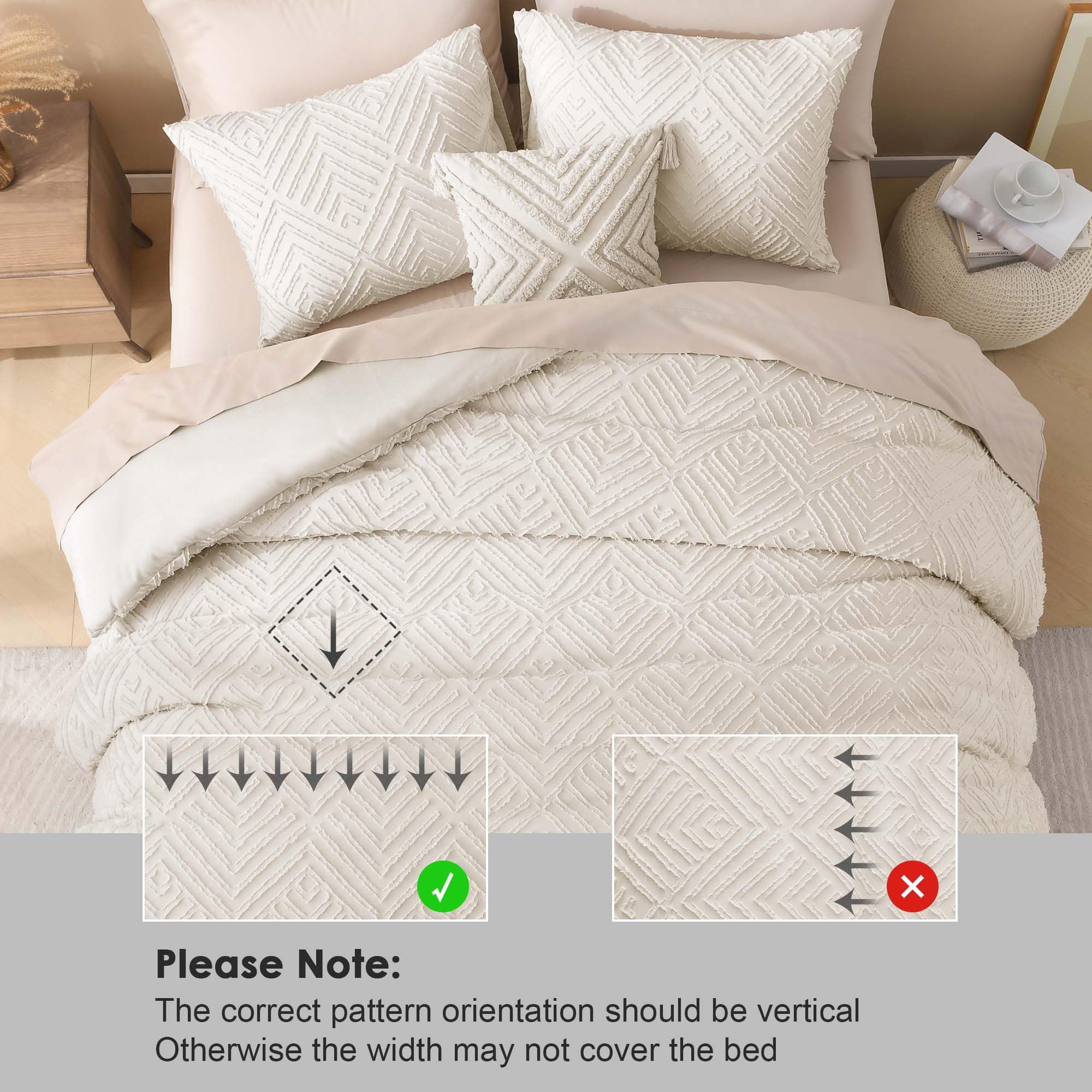 Litanika King Size Comforter Set - 3 Piece Beige & Cream Tufted Boho Farmhouse Bedding | Lightweight Fluffy All-Season Comforter with 2 Pillowcases (104x90 Inches) | Perfect for Master Bedroom, Guest Room & Cozy Farmhouse Decor