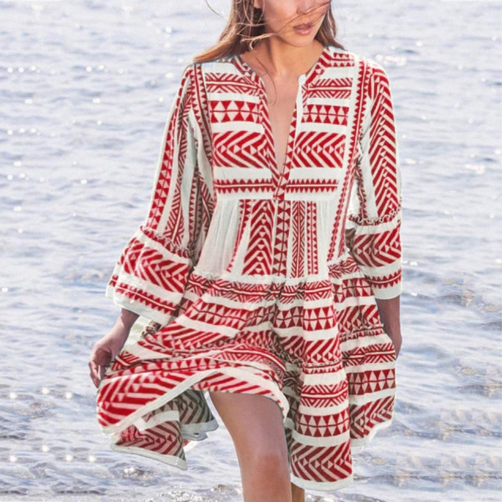 Bohemian Floral Print V-Neck Long Sleeve Mini Dress for Women - Beach Party, Club Wear & Summer Sun Dress - Perfect for Vacations, Date Nights and Music Festivals