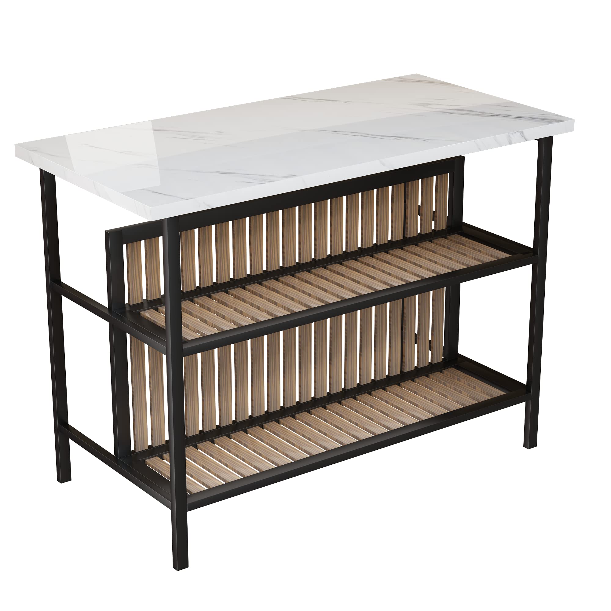 Modern White Kitchen Island with Seating for 2 - Faux Marble Countertop, Storage Shelf & Bar Table Set - Space-Saving Dining Solution for Small Kitchens, Breakfast Nooks & Apartment Living
