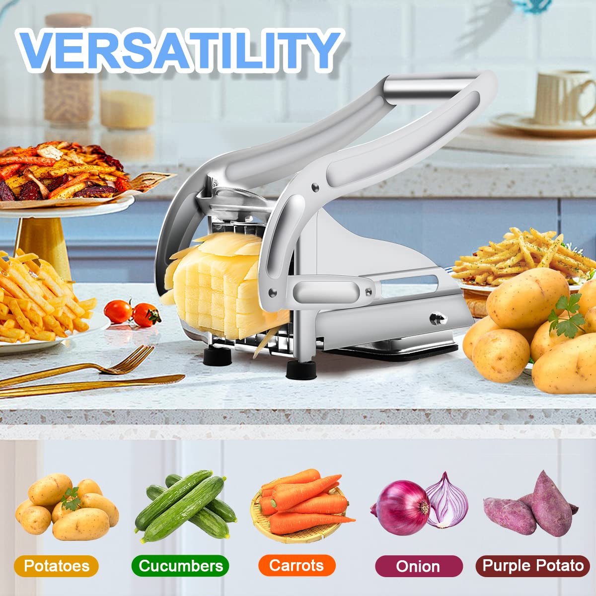 Professional Stainless Steel French Fry Cutter with 2 Blades - Heavy Duty Potato Slicer for Perfect Homemade Fries - Ideal for Restaurants, Home Kitchens & Fast Food Prep