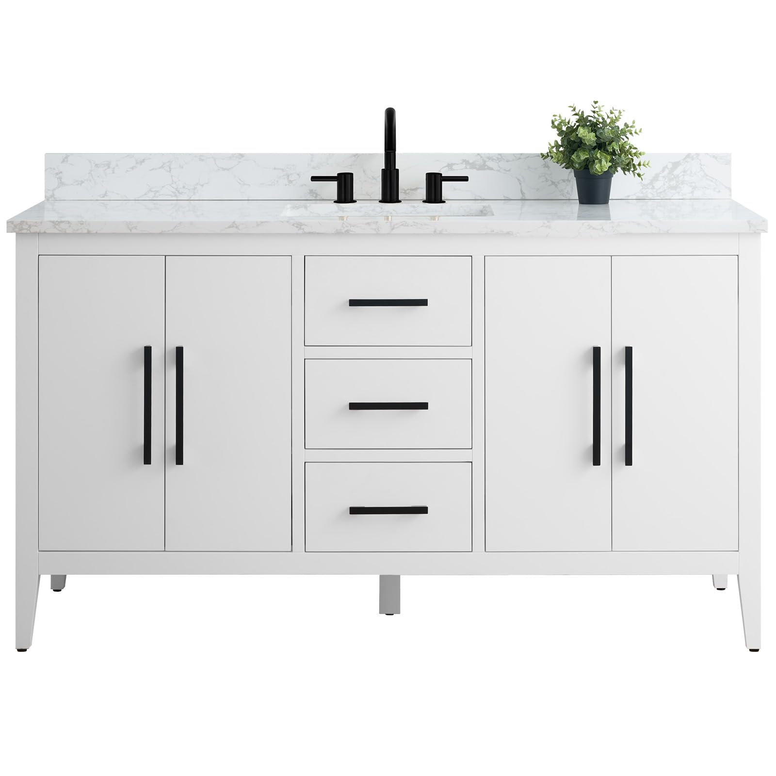 Vanity Art 60 Inch White Bathroom Vanity with Single Sink & Ceramic Top - Soft-Closing Doors, Drawers, Solid Wood Frame (VA9060-SW-MB1) | Perfect for Modern Bathrooms, Master Suites & Home Renovations