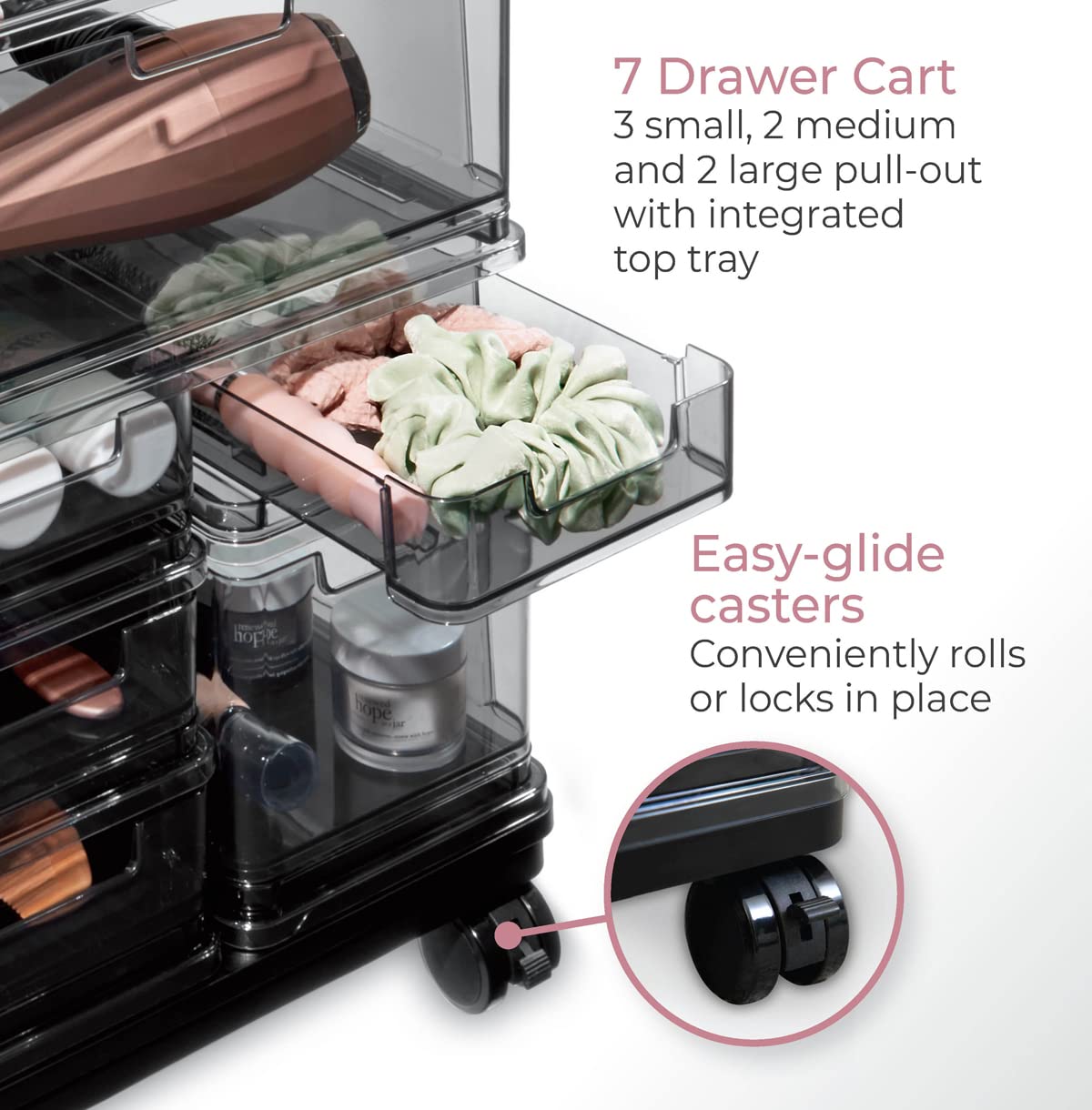 iDesign The Sarah Tanno Collection Large 7-Drawer Stacking Cosmetic Organizer Cart - Smoke Black | Makeup Storage Organizer for Vanity, Bathroom & Bedroom | Portable Beauty Storage Solution for Cosmetics, Skincare & Jewelry