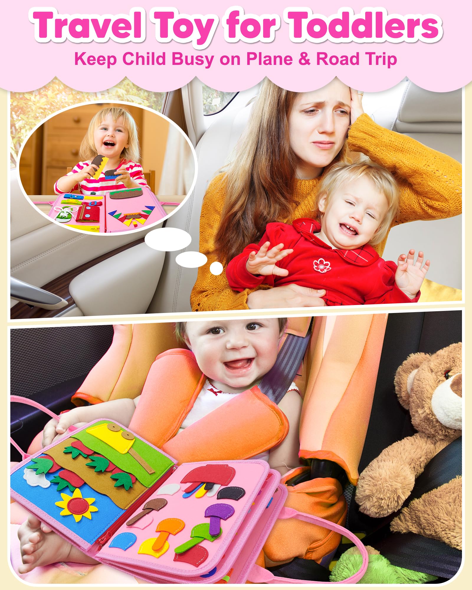 Montessori Busy Board for Toddlers 1-4 Years - Sensory Learning & Educational Travel Toy for Girls & Boys - Perfect Birthday Gift & Easter Present - Develop Fine Motor Skills for Airplane & Car Rides