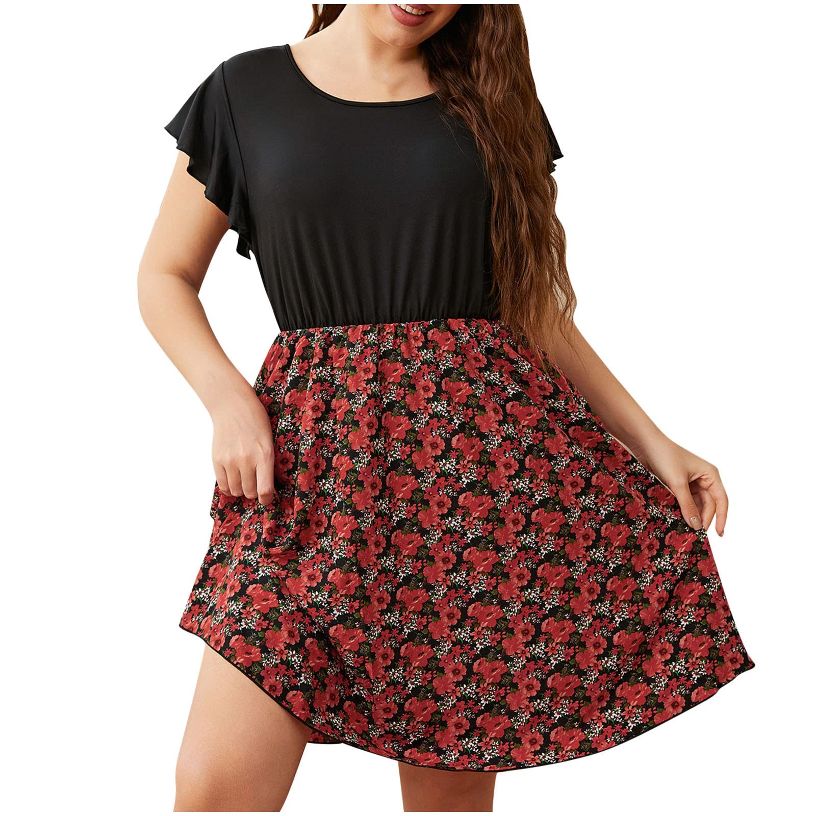 bmkBWO Women's Floral Print Summer Dress - Short Sleeve Crewneck Swing A-Line Casual & Wedding Guest Dress | Perfect for Beach Vacations, Garden Parties & Date Nights