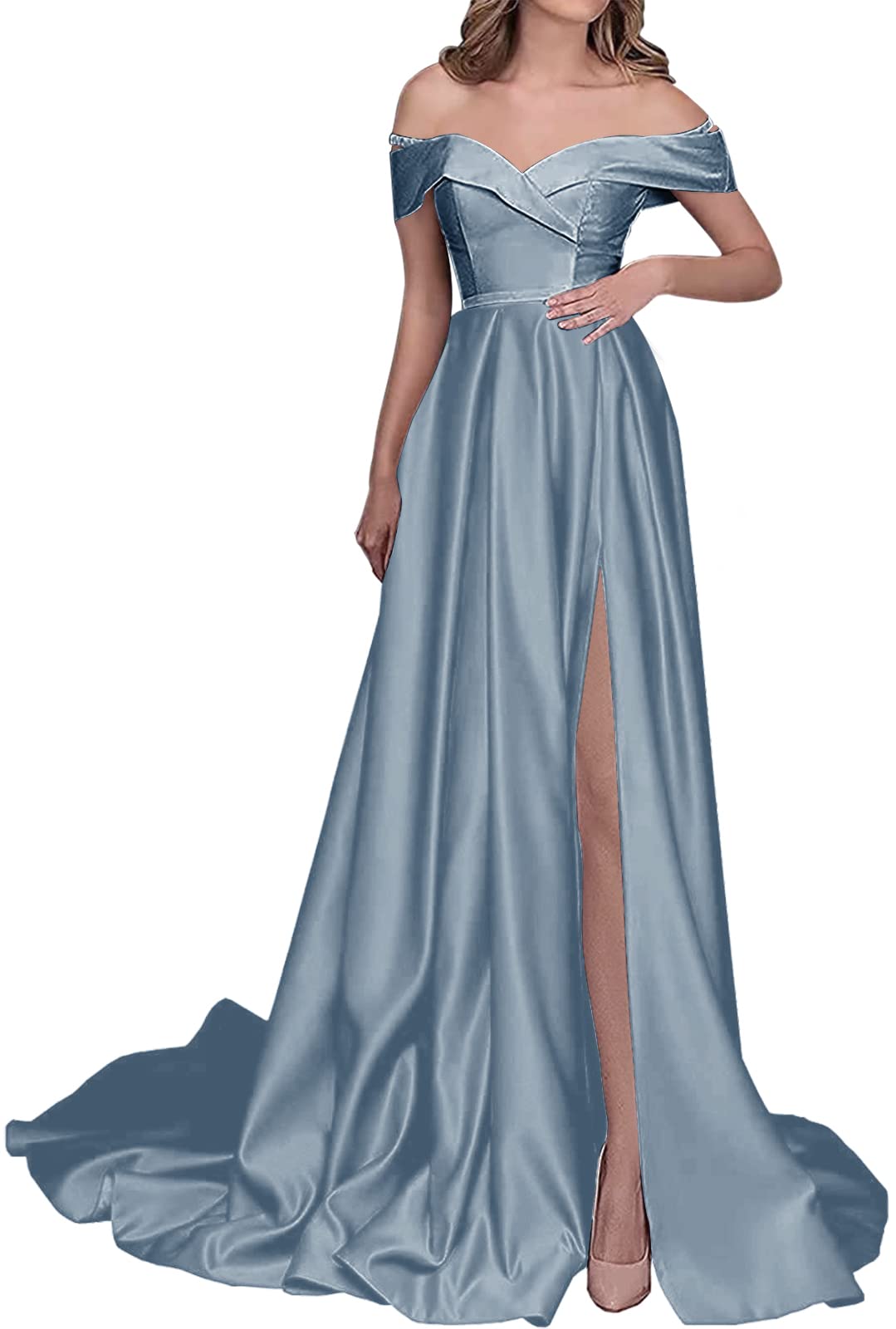 Elegant Off-the-Shoulder Satin Prom Dress with High Slit - Long Formal Evening Gown for Homecoming, Wedding, and Special Occasions