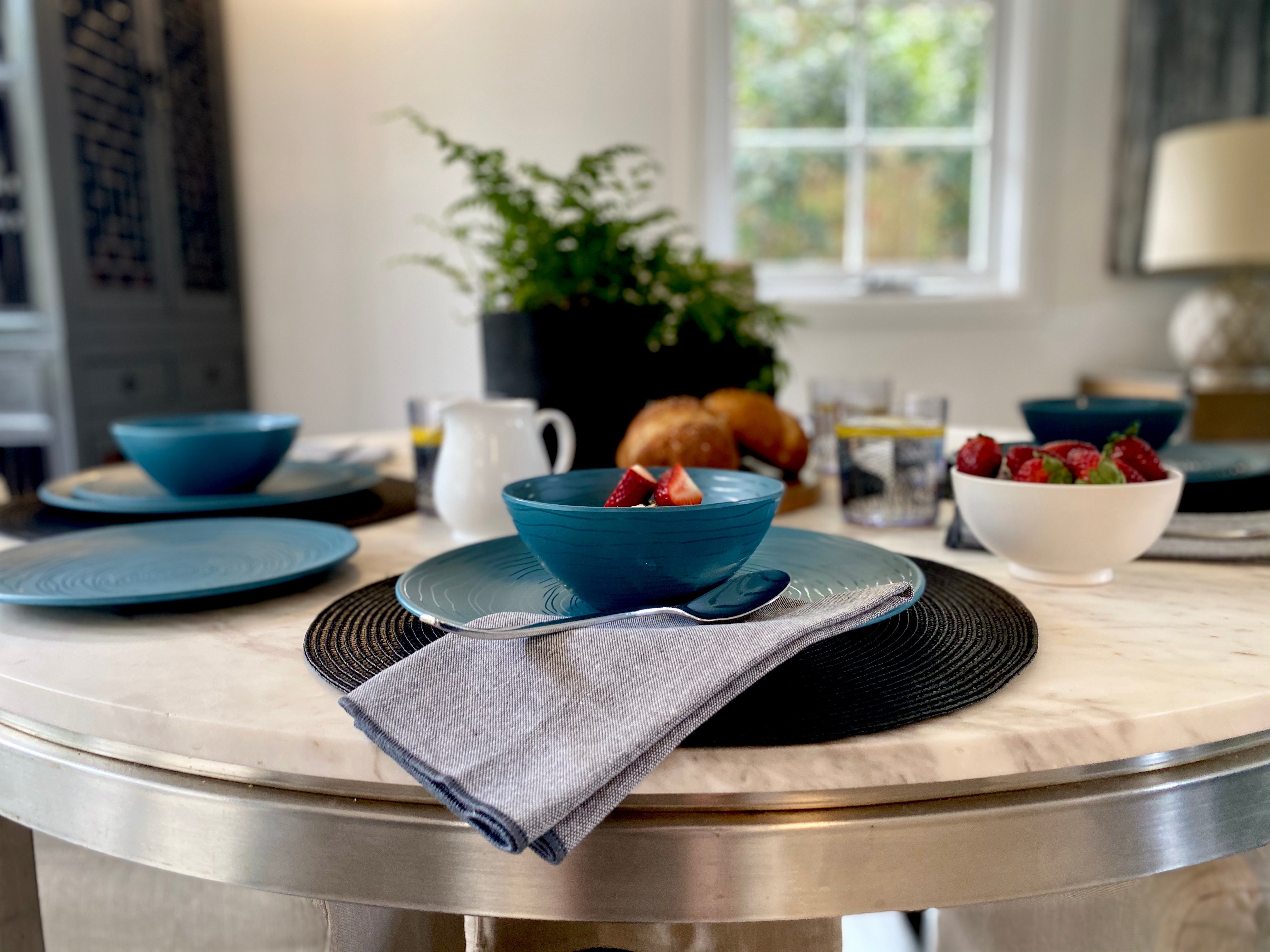 12-Piece Organic Blue Melamine Dinnerware Set - Plates & Bowls for Outdoor Dining, Picnics, and Camping | Durable & Lightweight Dishware