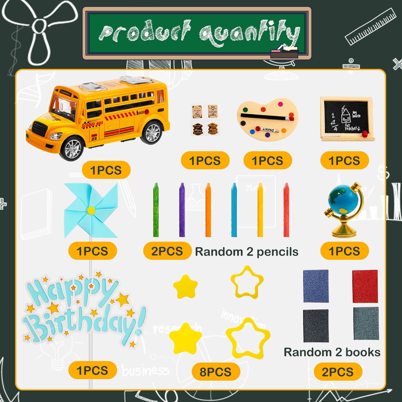 School Bus Cake Topper Set - Back to School Star Pen, Blackboard & Book Decorations - Blue Windmill Cake Toppers for Birthday Party Theme - Perfect for Classroom Celebrations & Kids Birthday Cakes